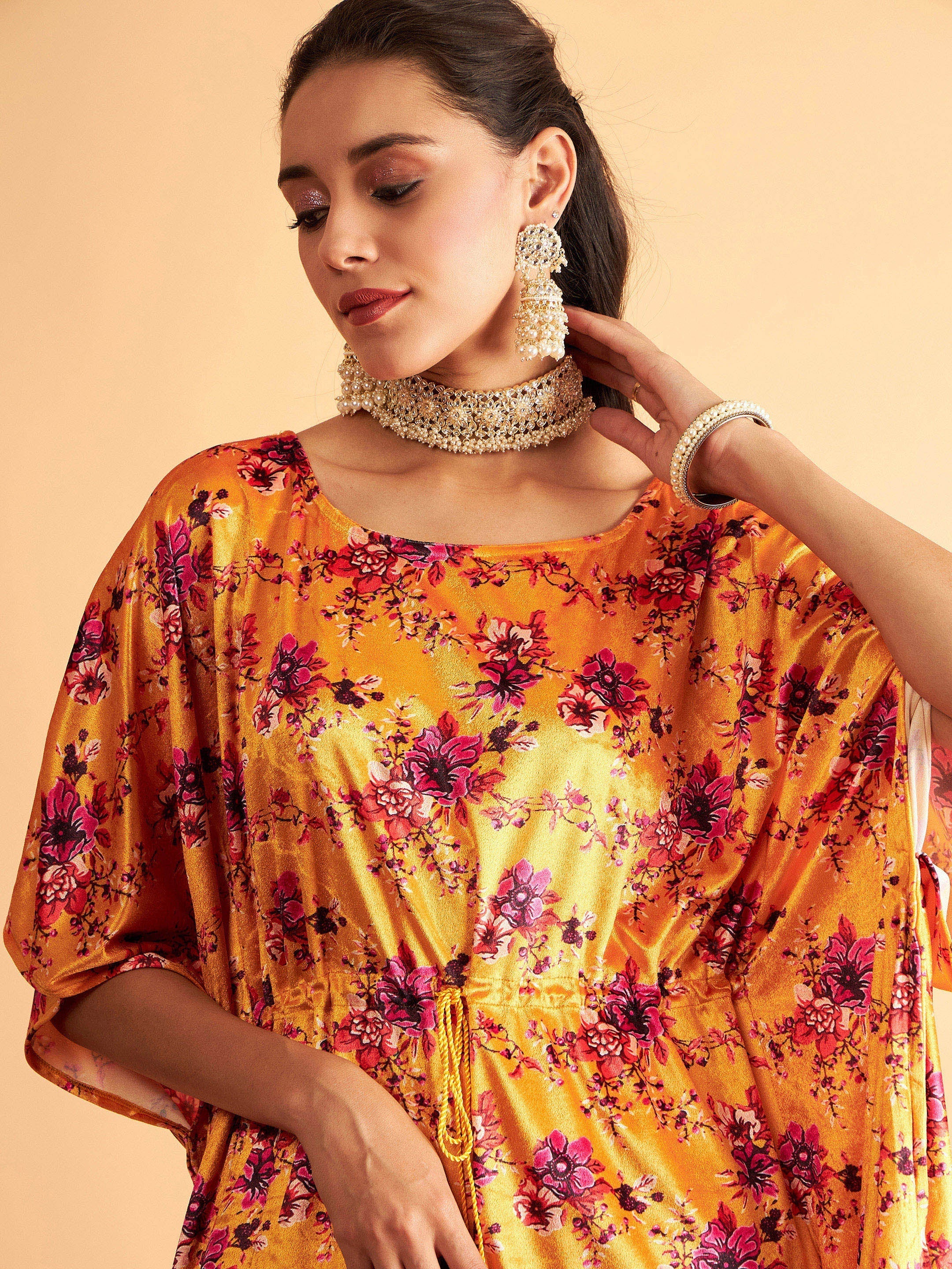 Women Orange Floral Velvet High Low Kaftan Dress