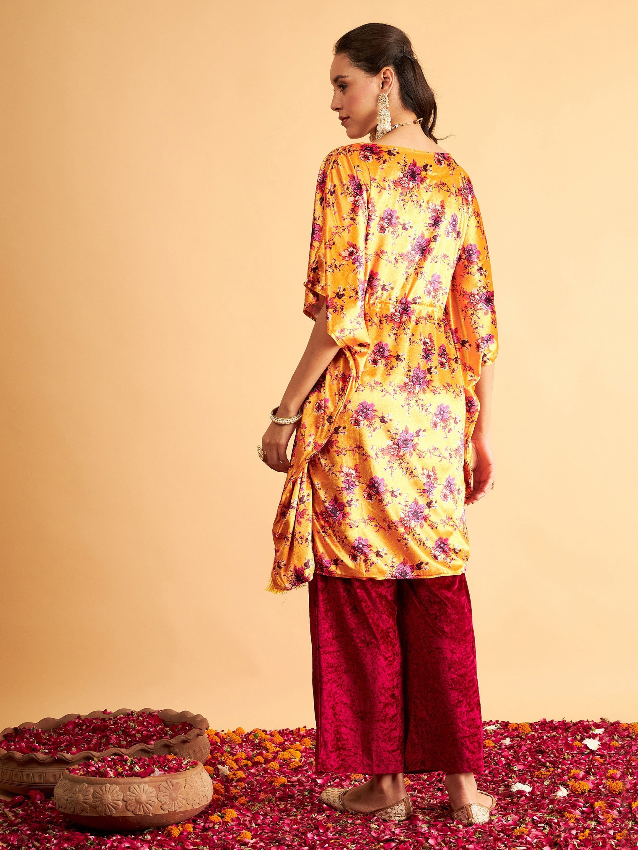 Women Orange Floral Velvet High Low Kaftan Dress