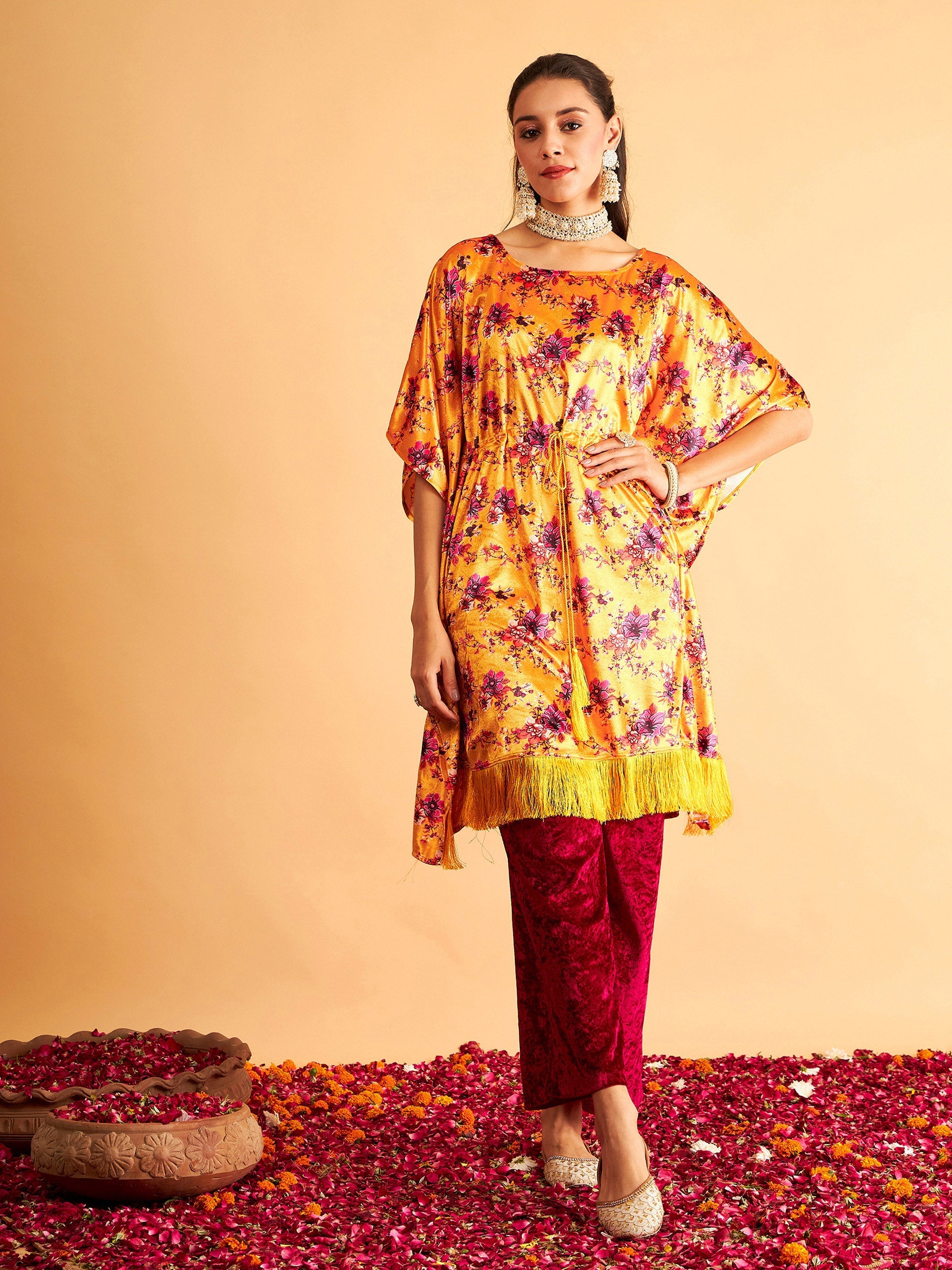 Women Orange Floral Velvet High Low Kaftan Dress