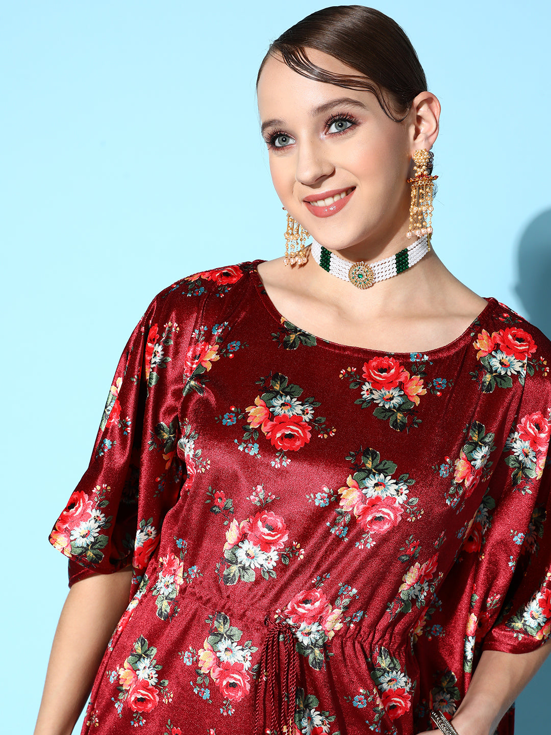 Women Maroon Floral Velvet High Low Kaftan Dress