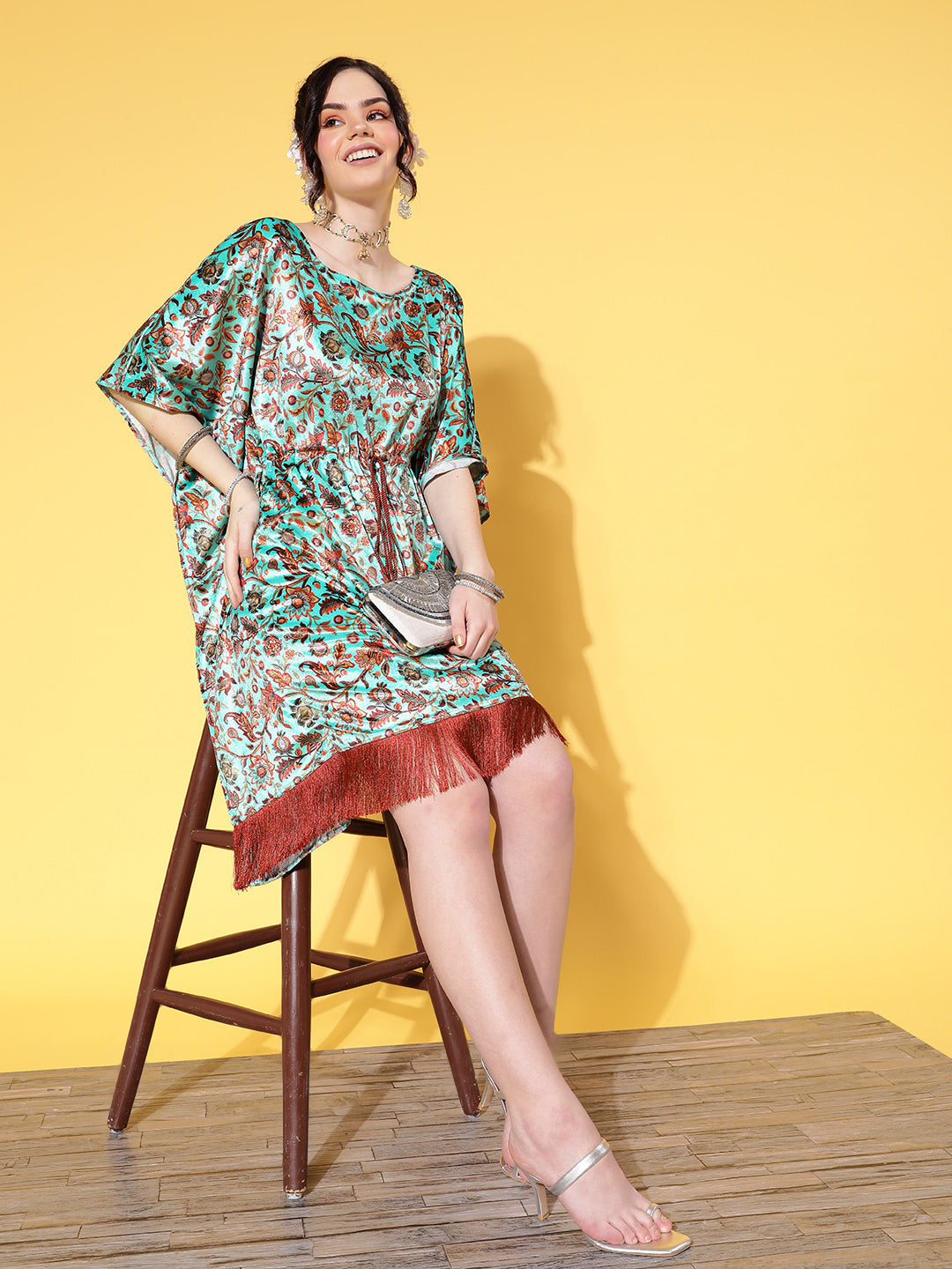 Women Sea Green Floral Velvet High Low Kaftan Dress