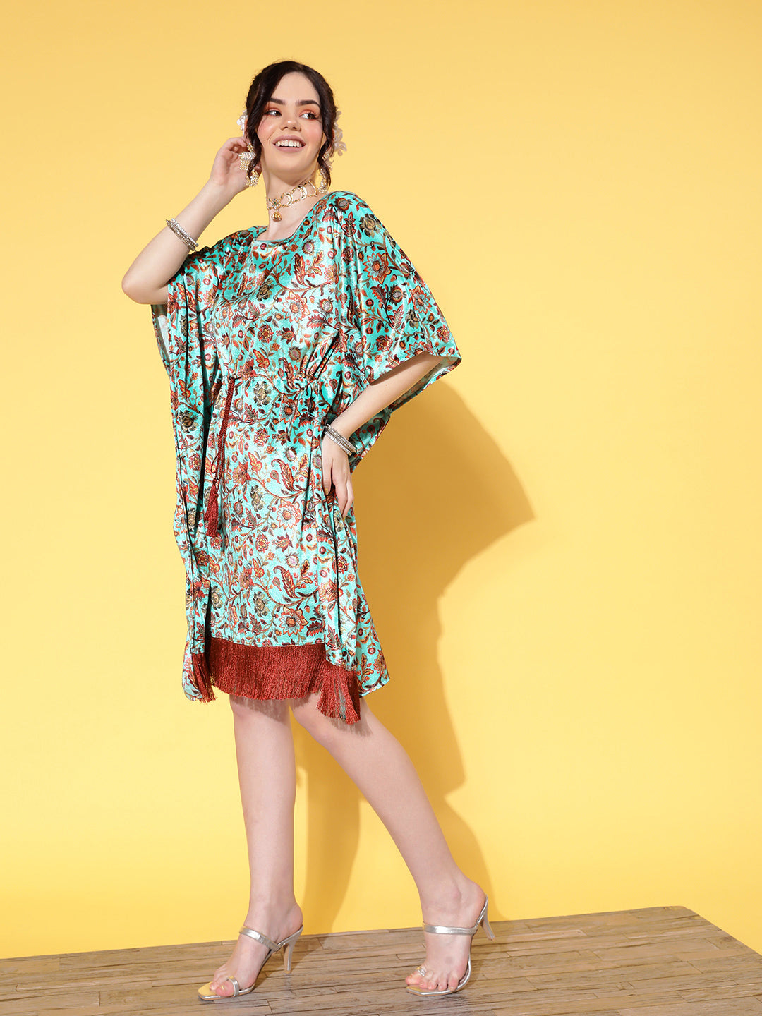 Women Sea Green Floral Velvet High Low Kaftan Dress