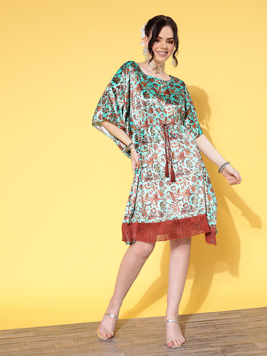 Women Sea Green Floral Velvet High Low Kaftan Dress