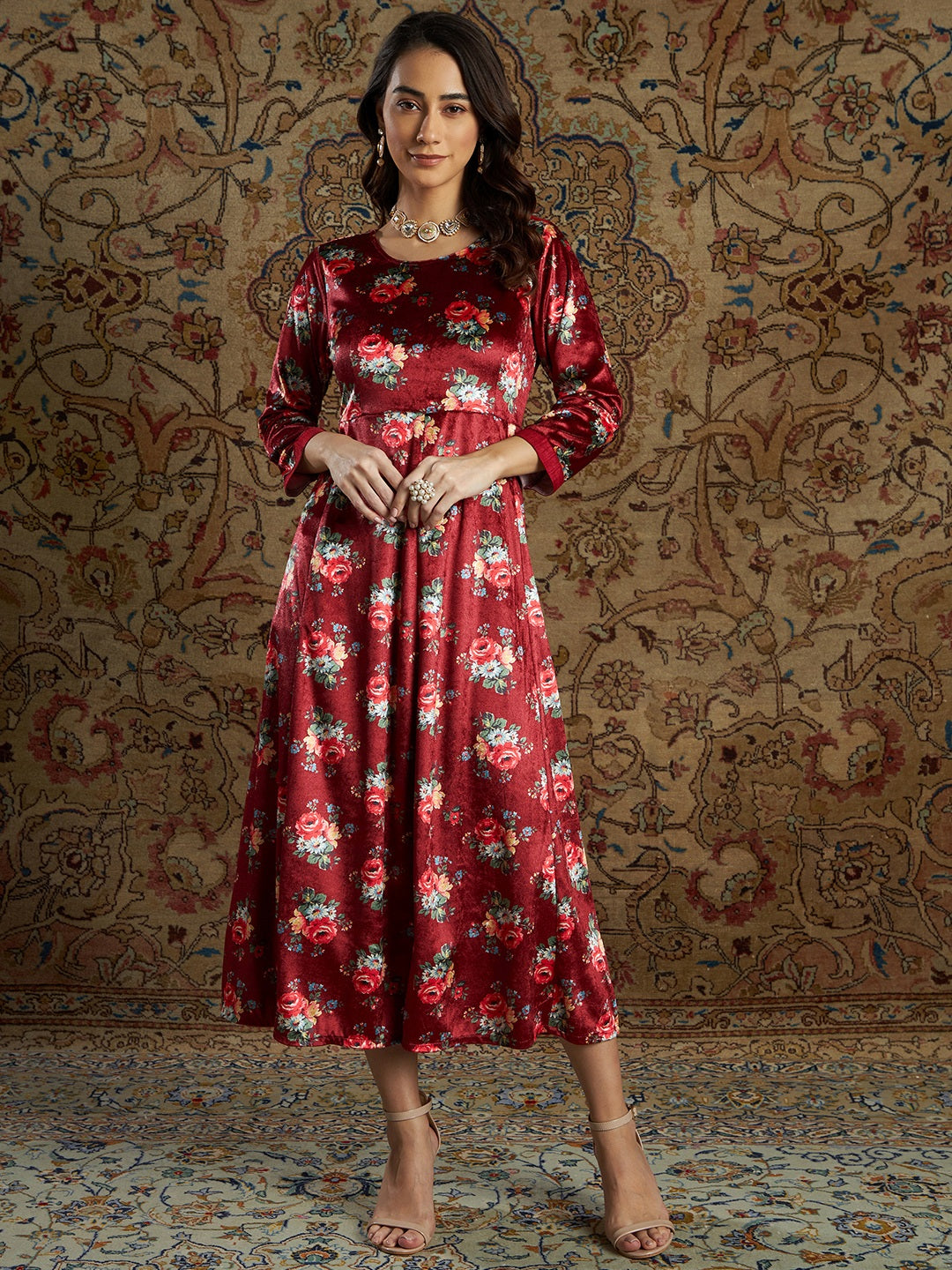 Women Maroon Floral Velvet Printed Anarkali Dress