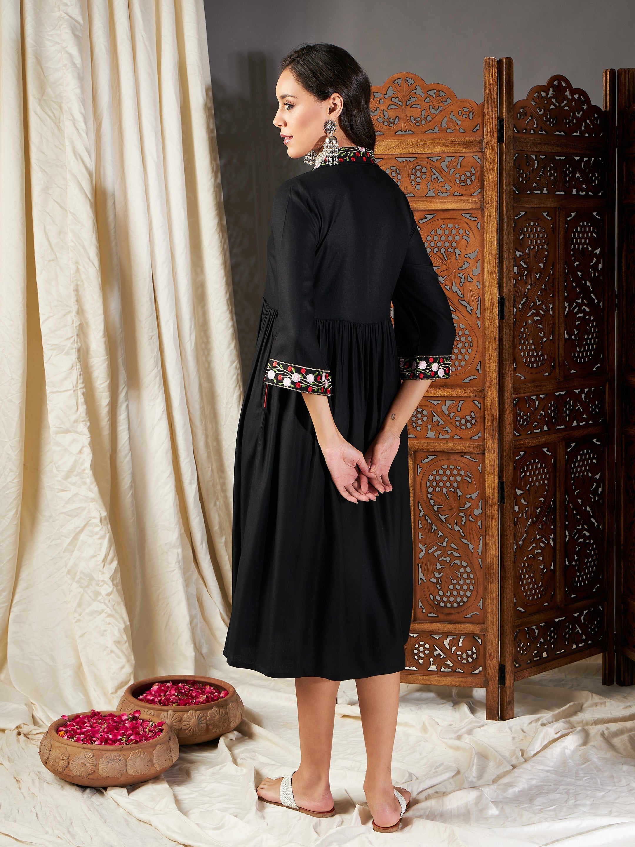 Women Black Embroidered Sleeve Gathered Dress
