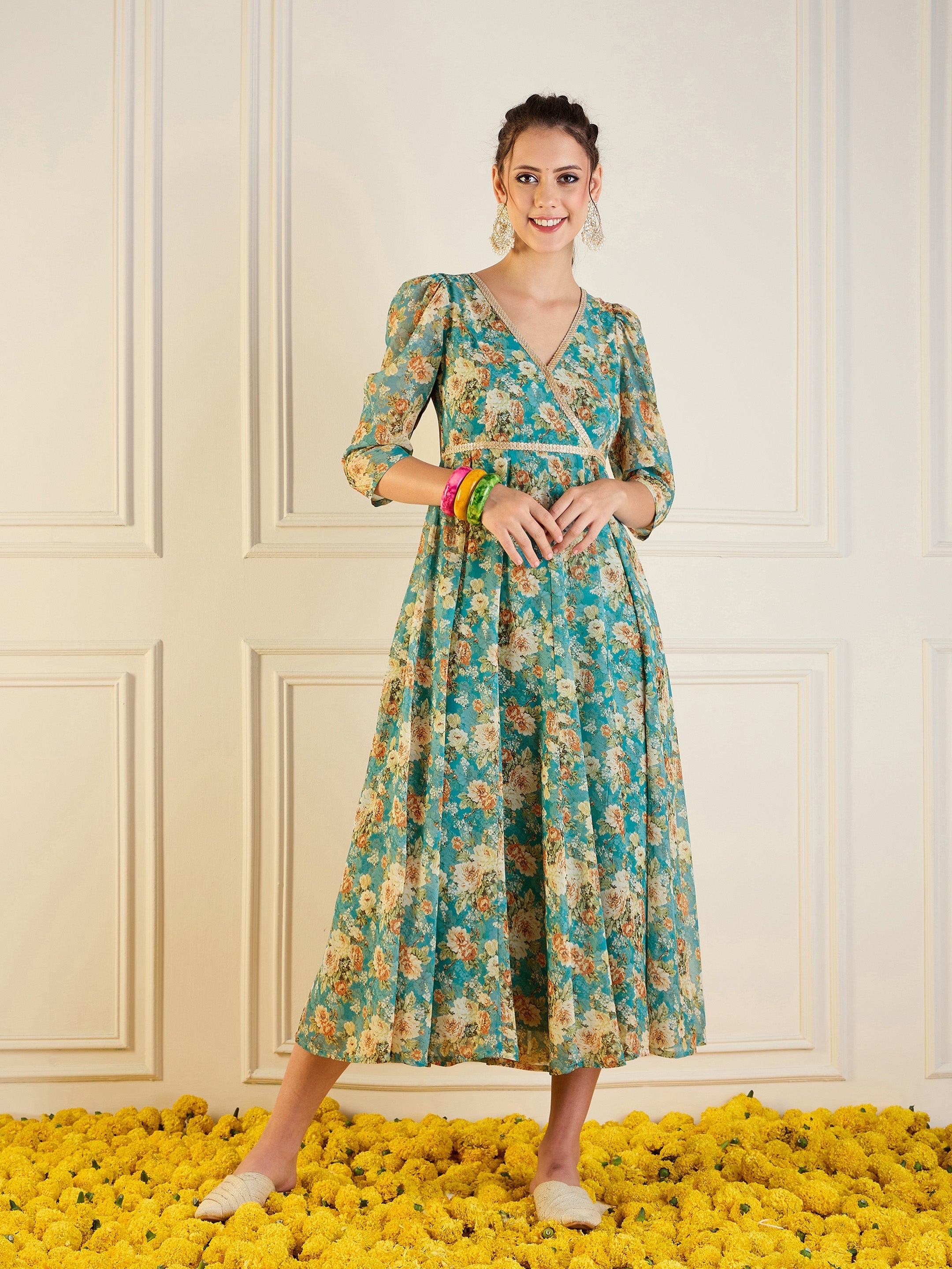 Women Turquoise Blue Floral Anarkali Maxi Dress