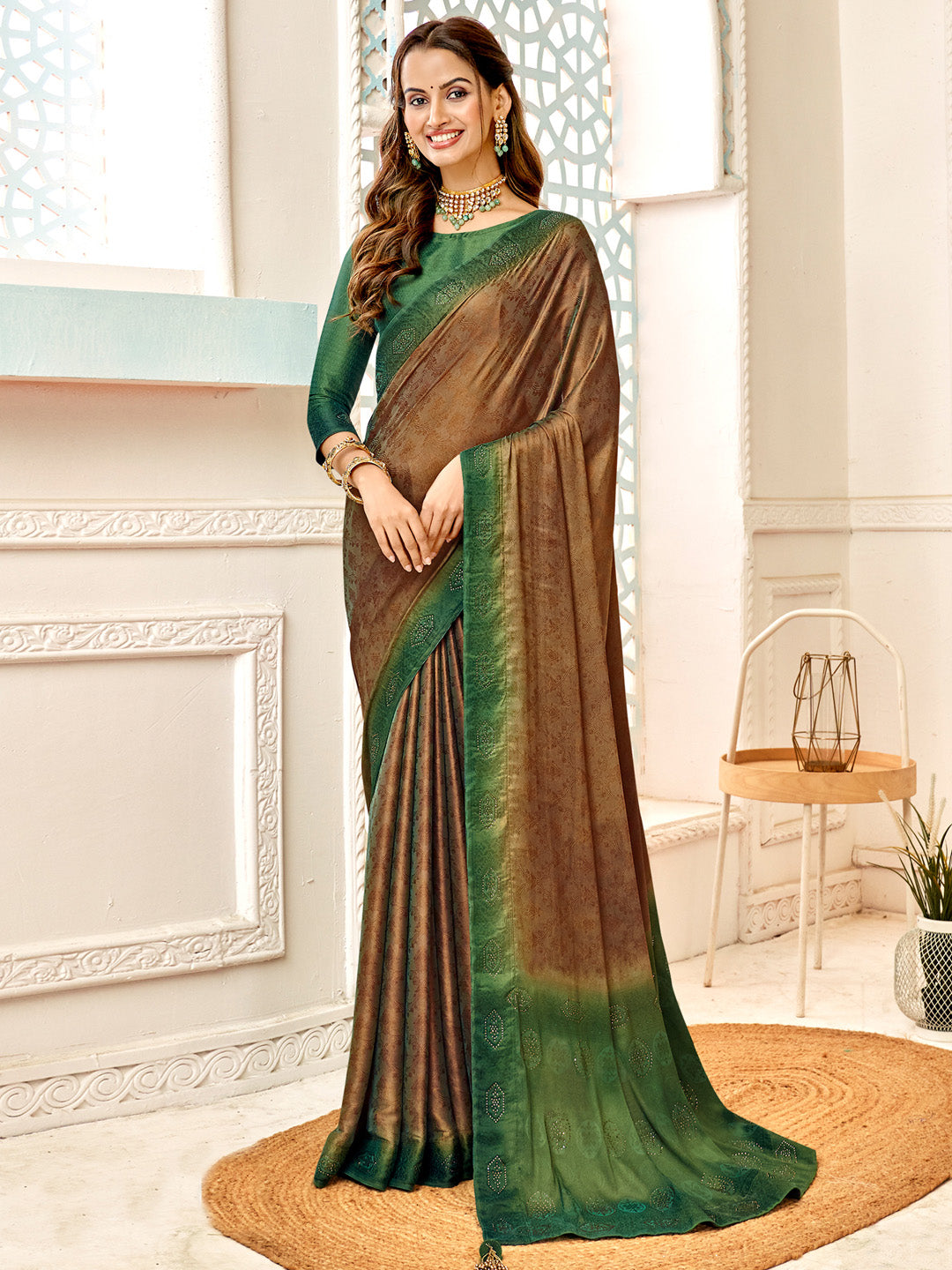 Pure Silk Brown Embellished Designer Saree With Blouse