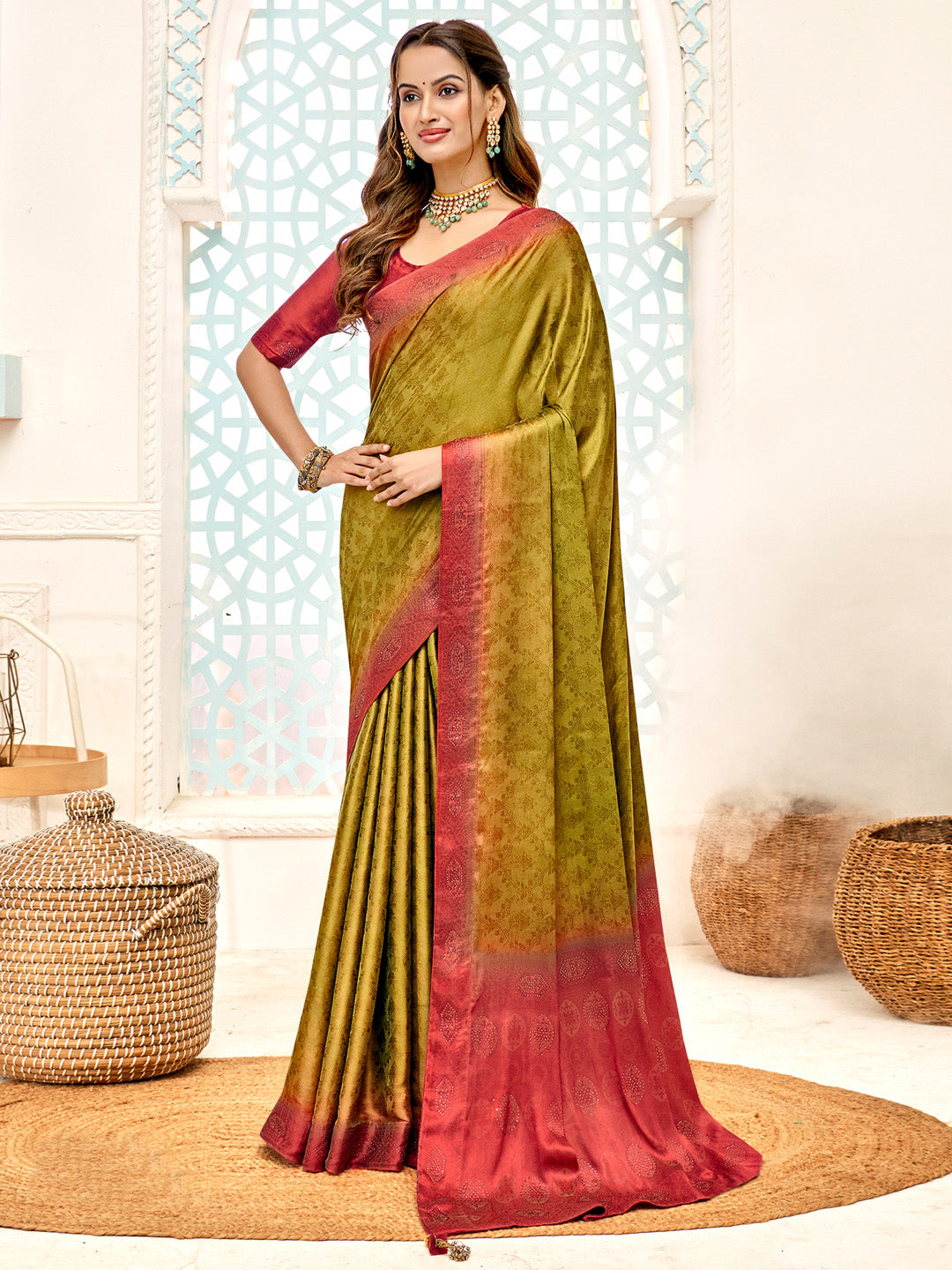 Pure Silk Olive Embellished Designer Saree With Blouse