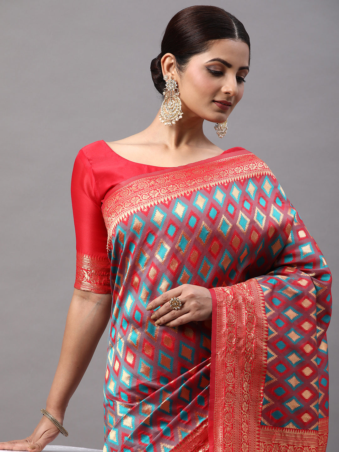 Silk Blend Red Woven Design Designer Saree With Blouse