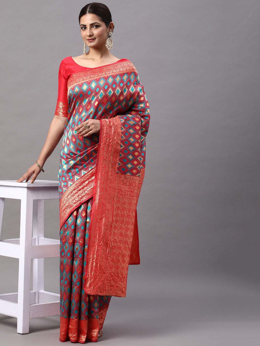 Silk Blend Red Woven Design Designer Saree With Blouse
