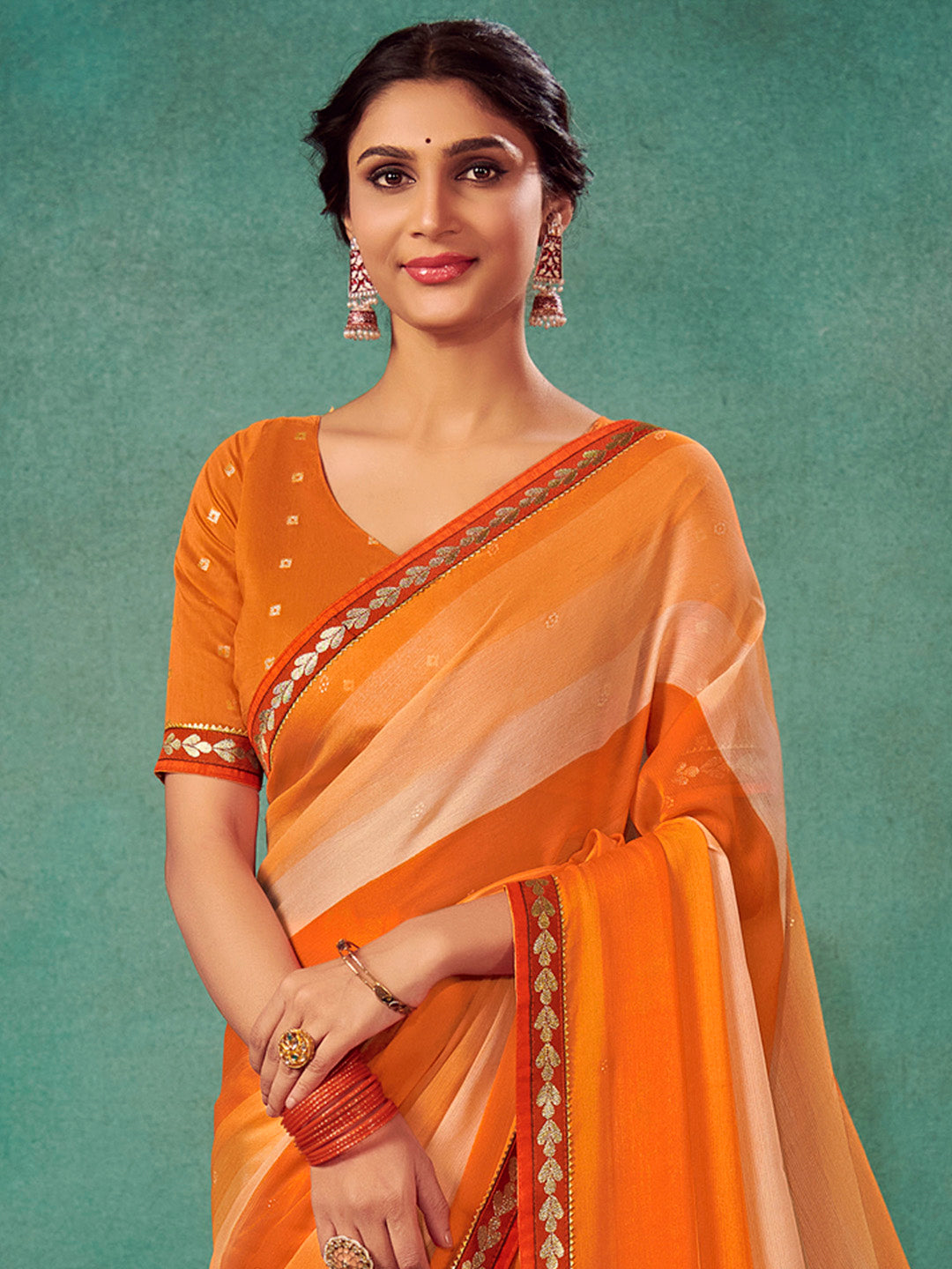 Chiffon Orange Embellished Designer Saree With Blouse