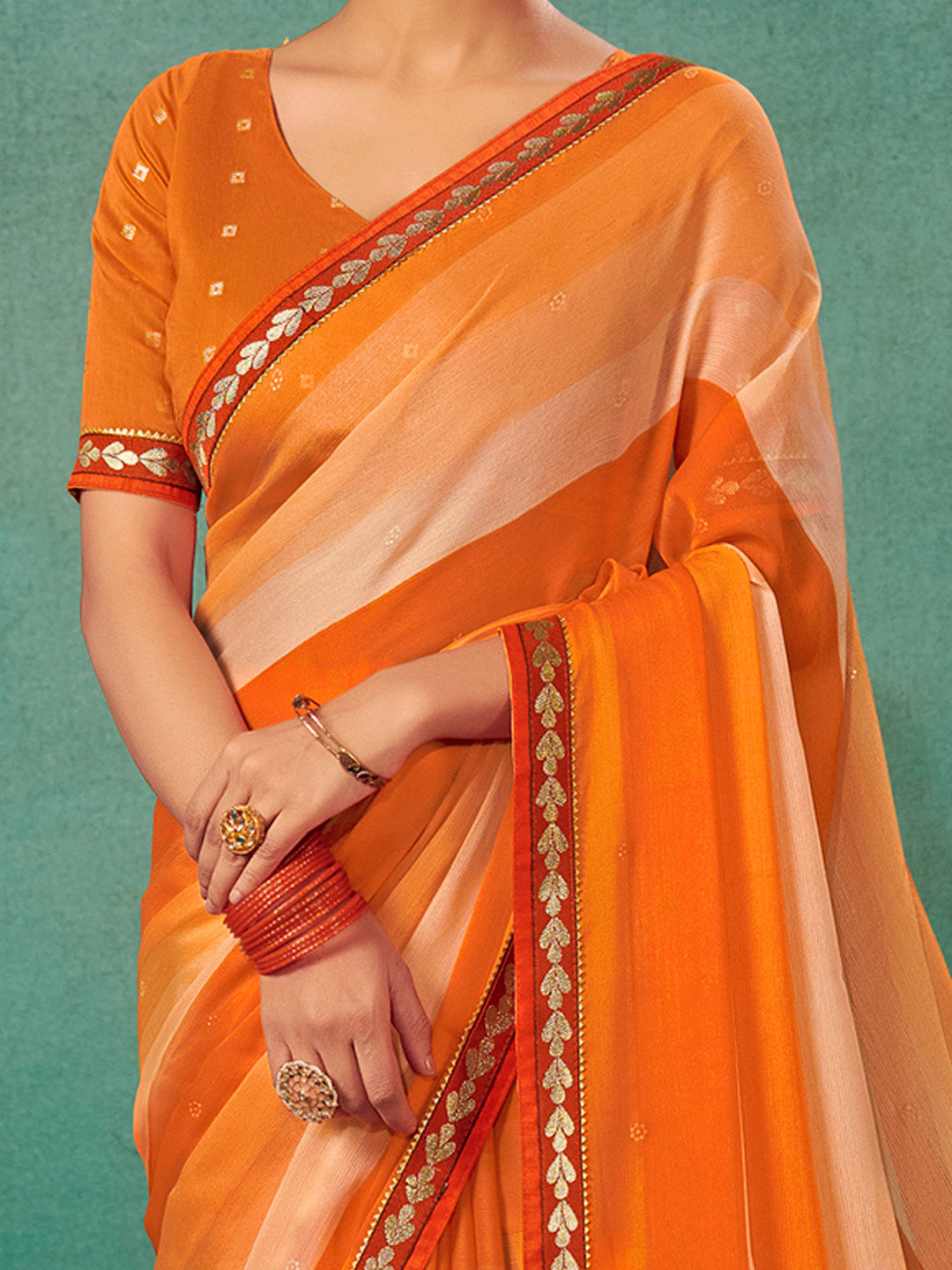 Chiffon Orange Embellished Designer Saree With Blouse