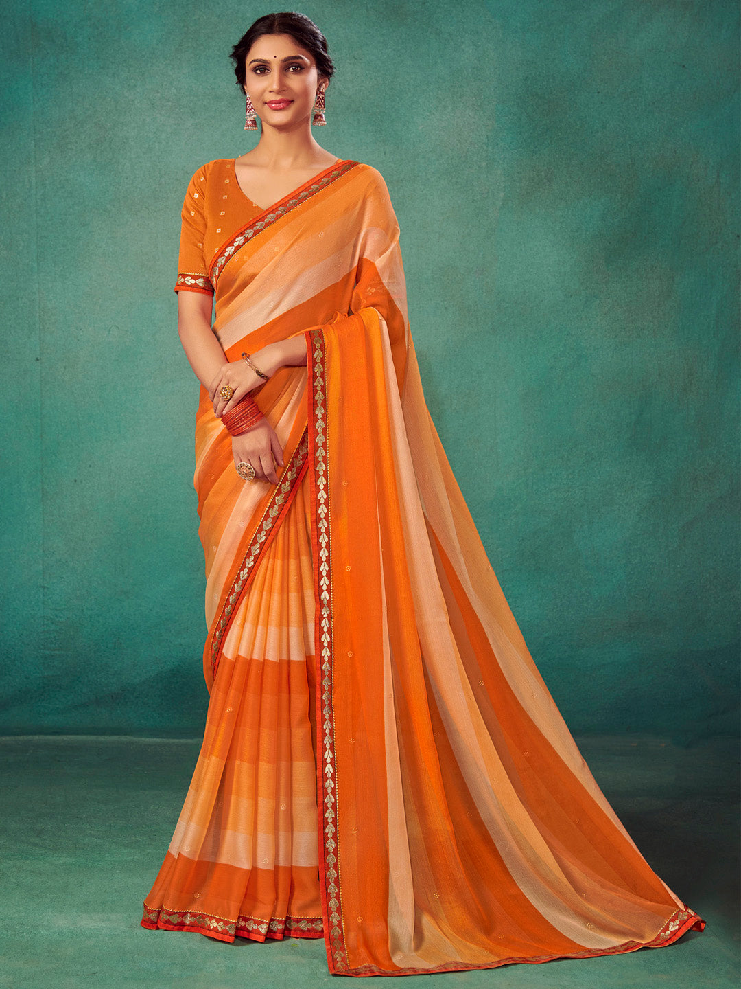 Chiffon Orange Embellished Designer Saree With Blouse