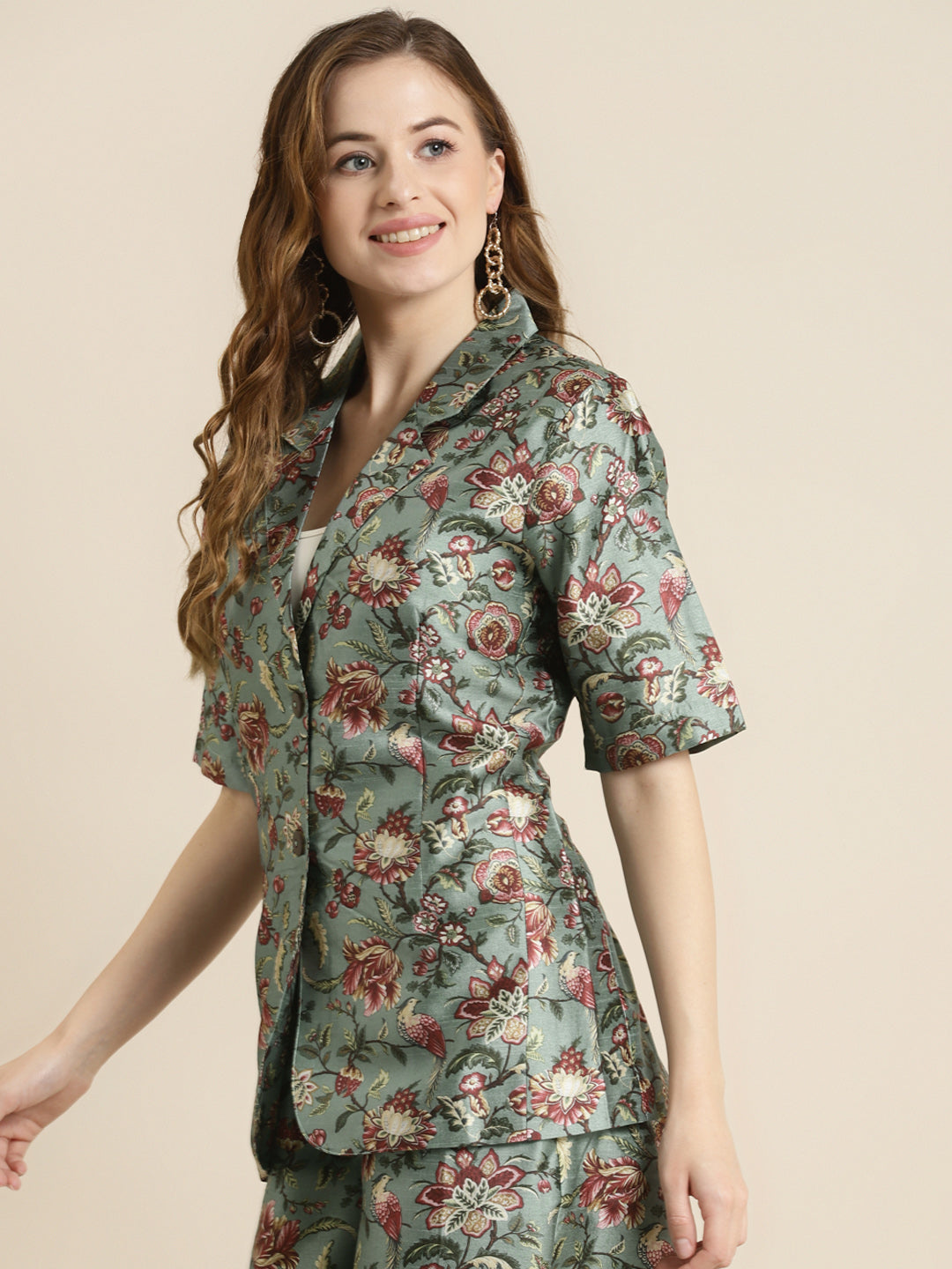 Olive Floral Short Sleeves Blazer