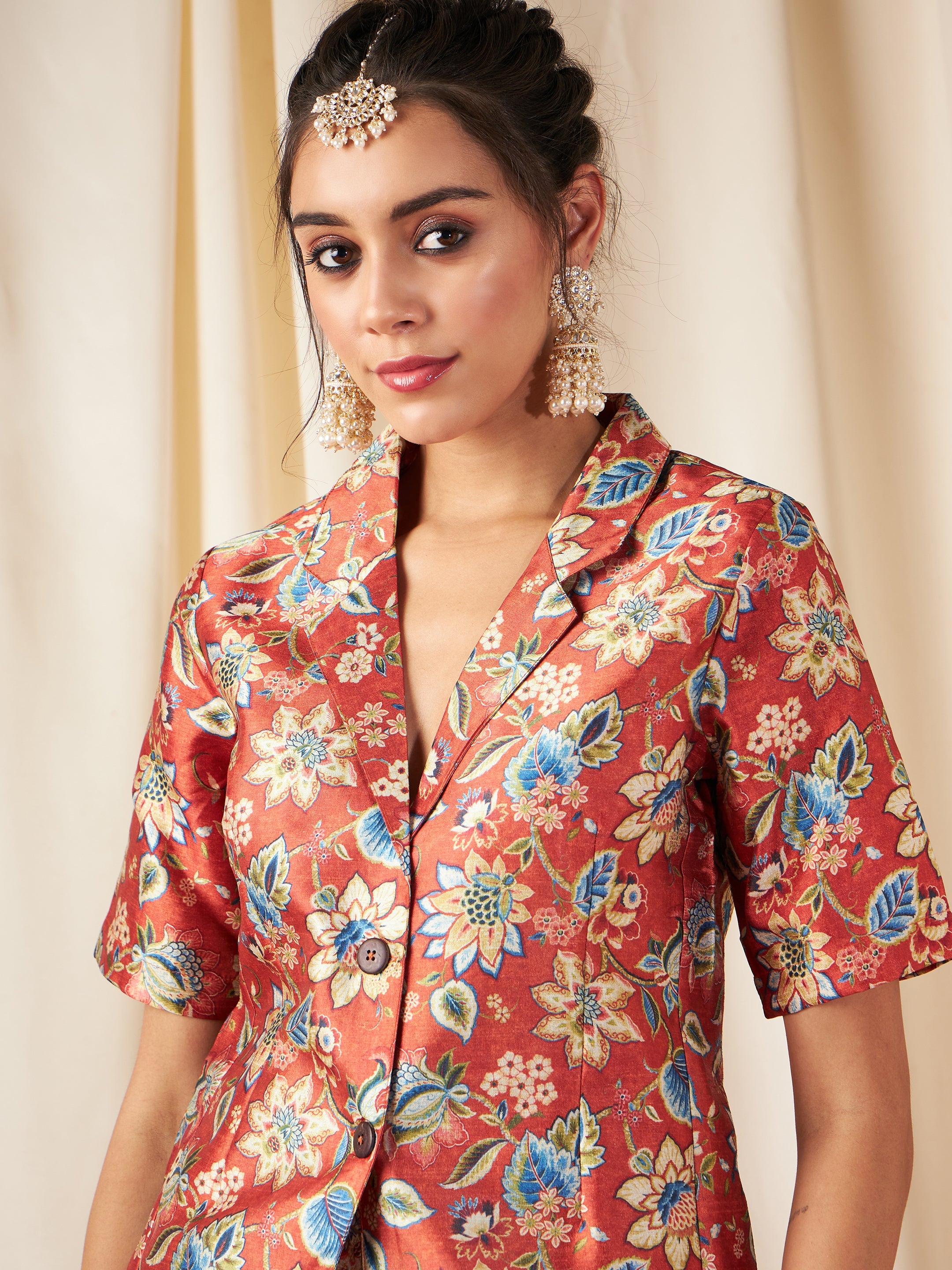 Orange Floral Short Sleeves Blazer