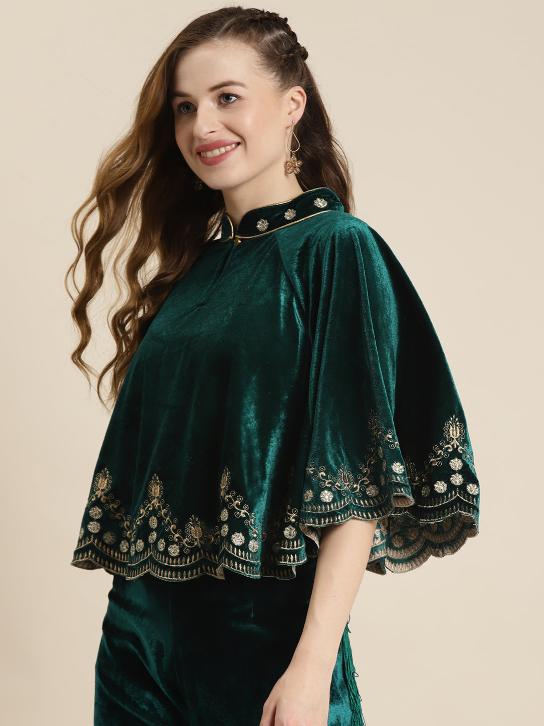 Teal Velvet Embroidered Poncho