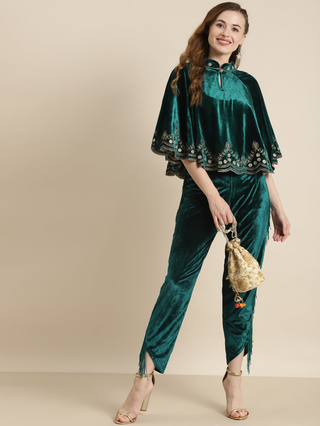 Teal Velvet Embroidered Poncho