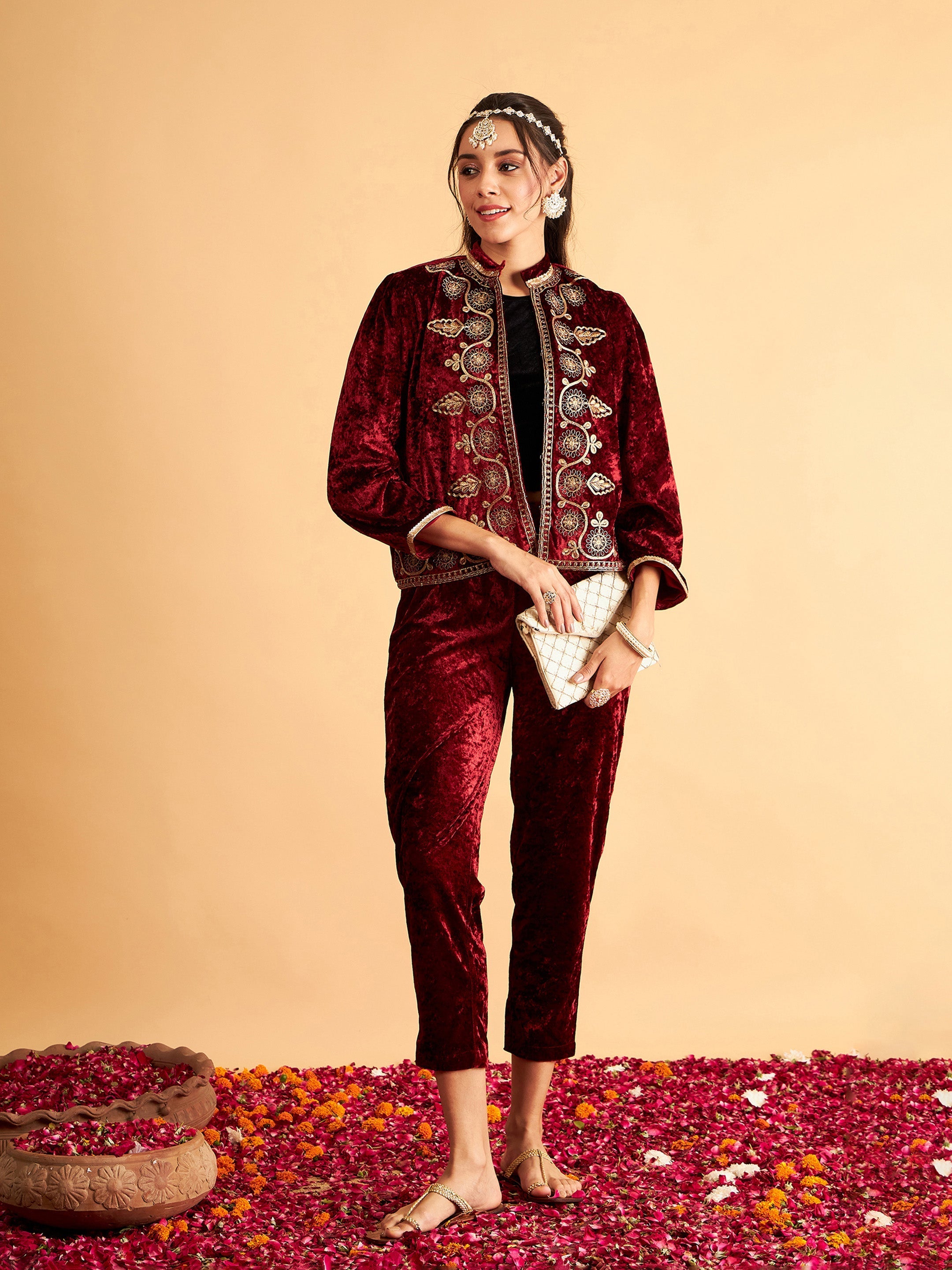 Women Maroon Velvet Front Embroidered Jacket