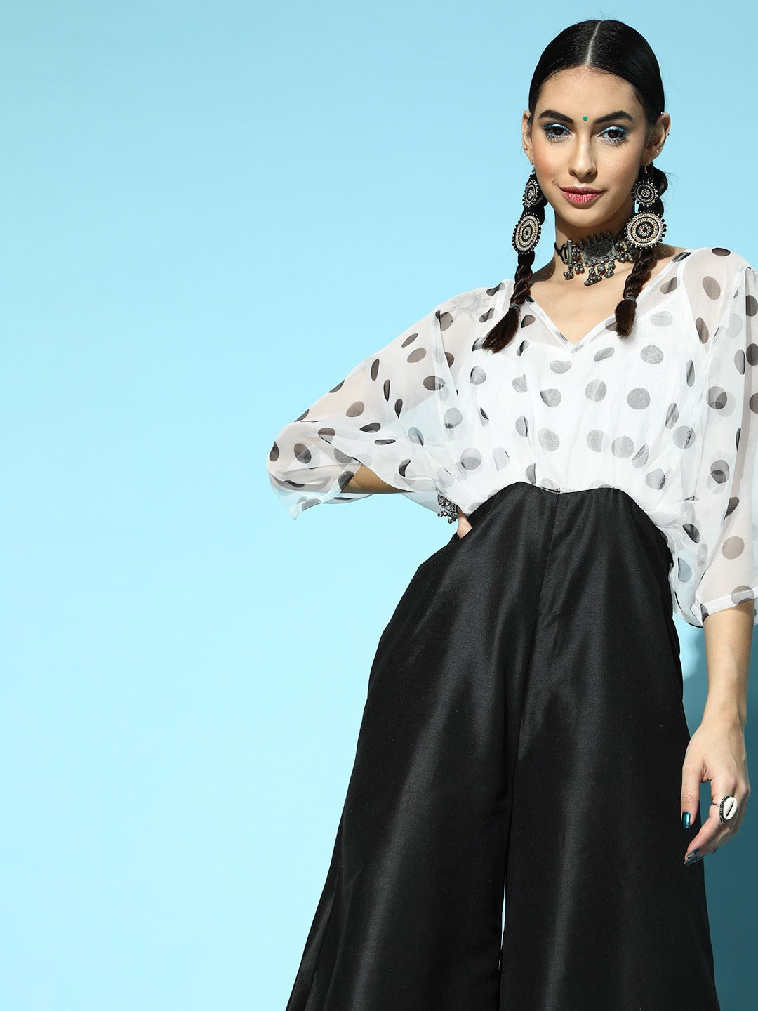 Women White & Black Polka Kimono Sleeves Jumpsuit