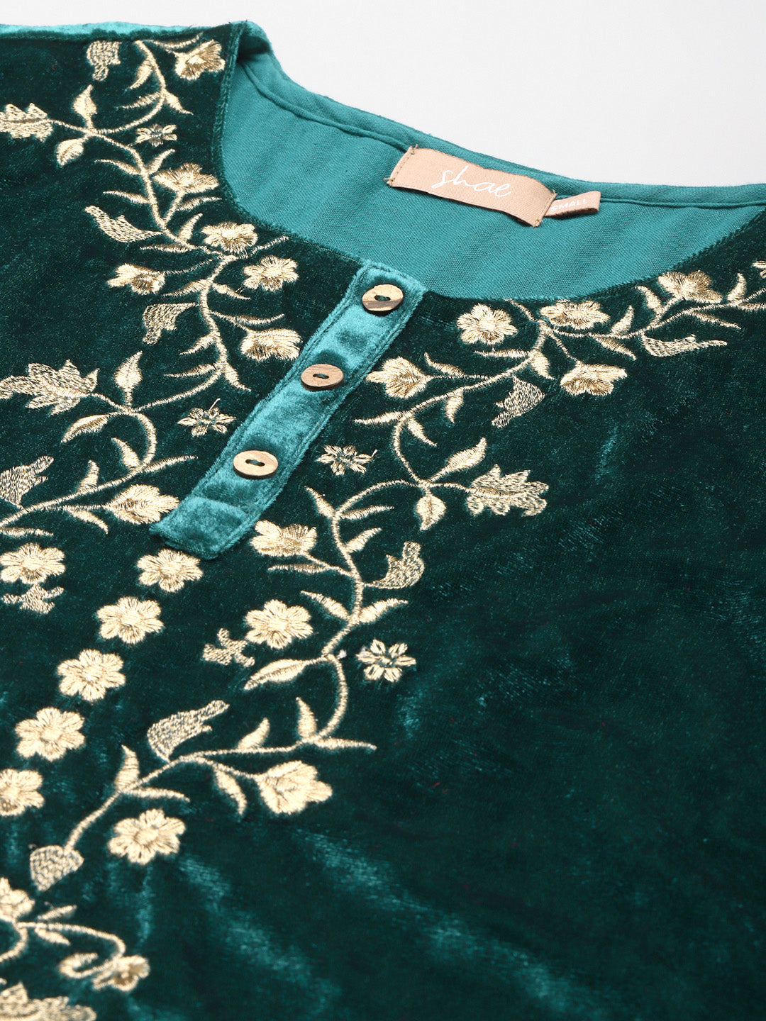 Teal Velvet Floral Zari Embroidery Kurta