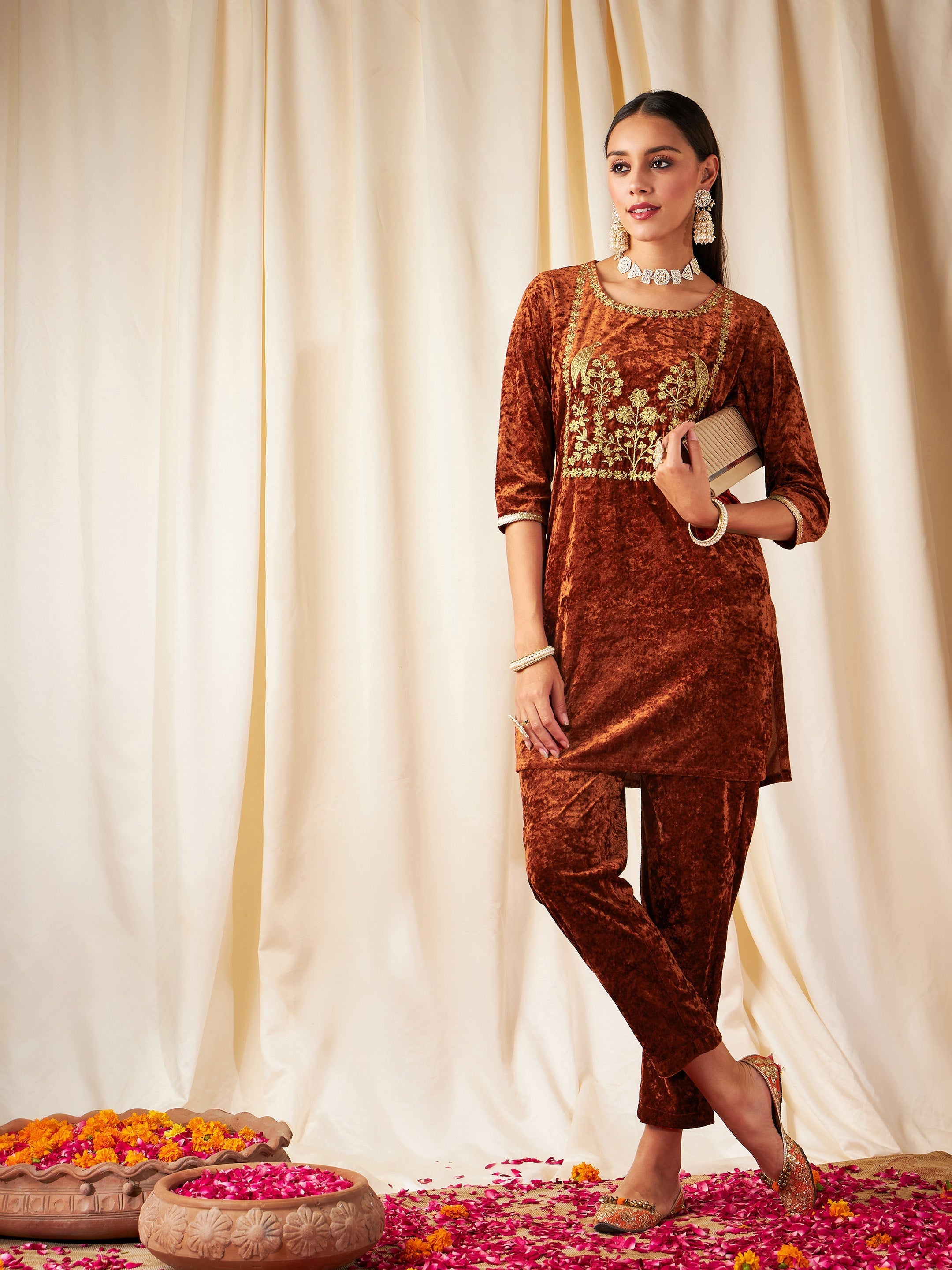 Women Rust Velvet Embroidered Yoke Short Kurta