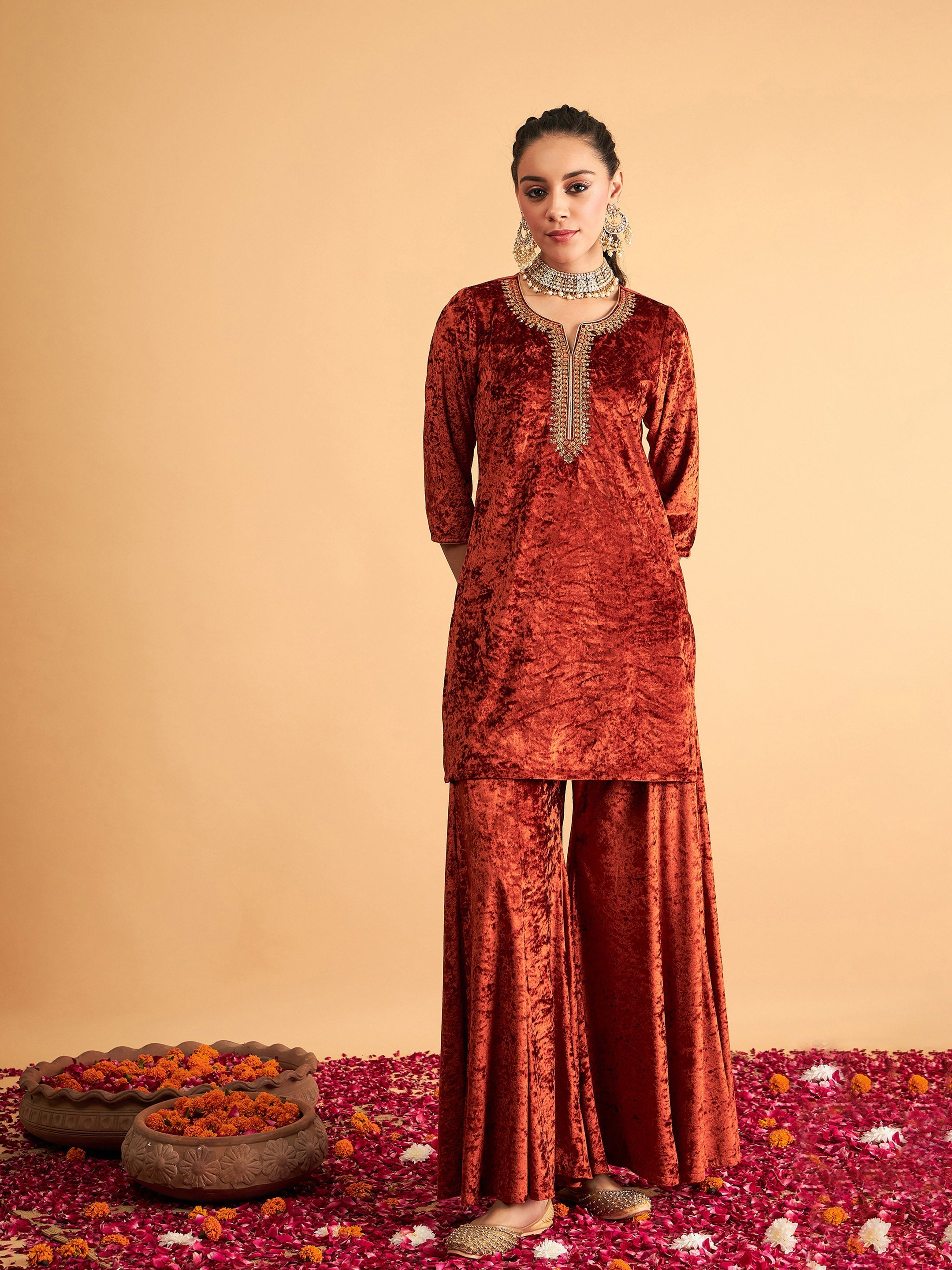 Women Rust Velvet Sequence Embroidered Short Kurta