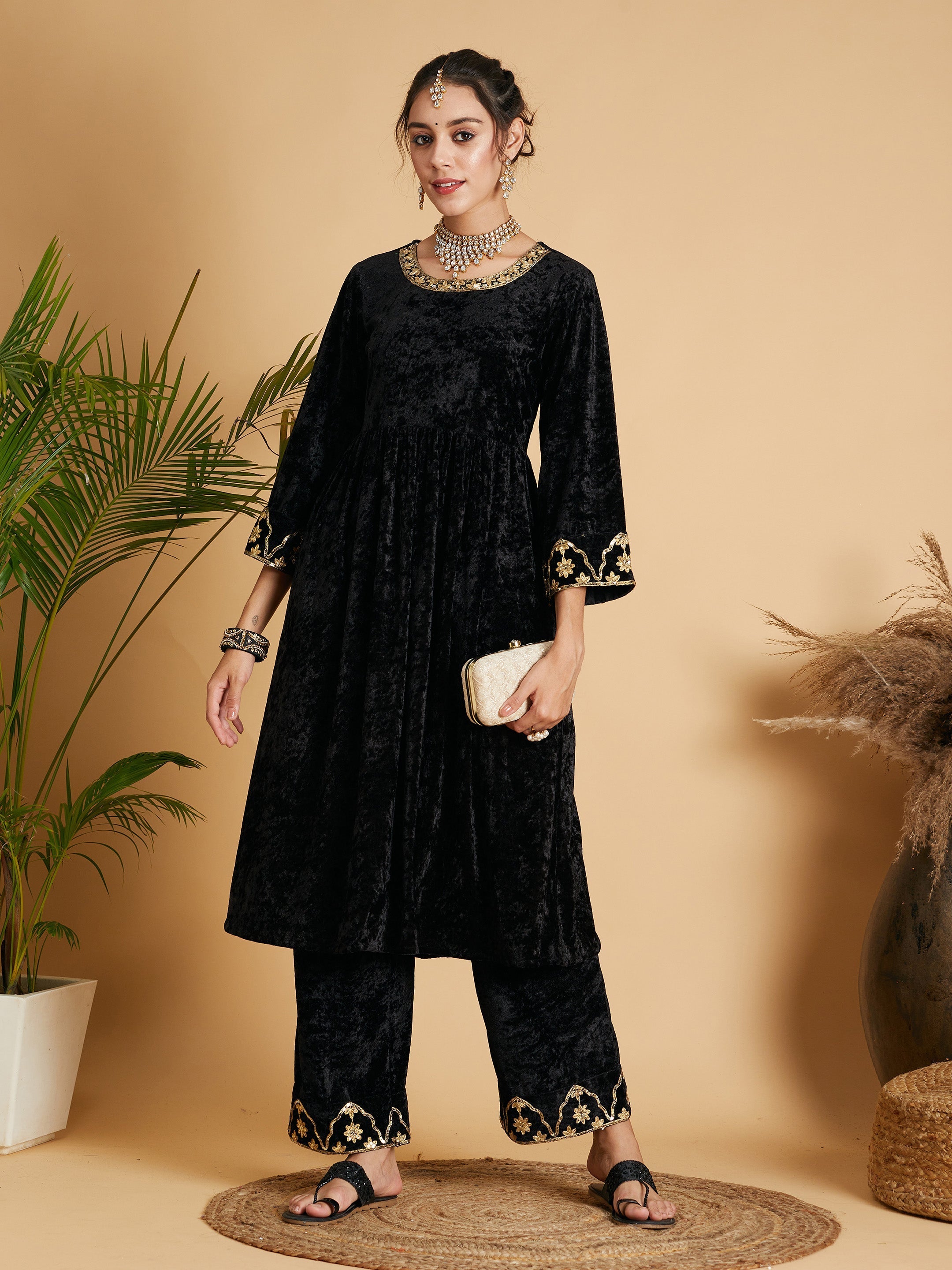 Women Black Velvet Embroidered Gathered Kurta