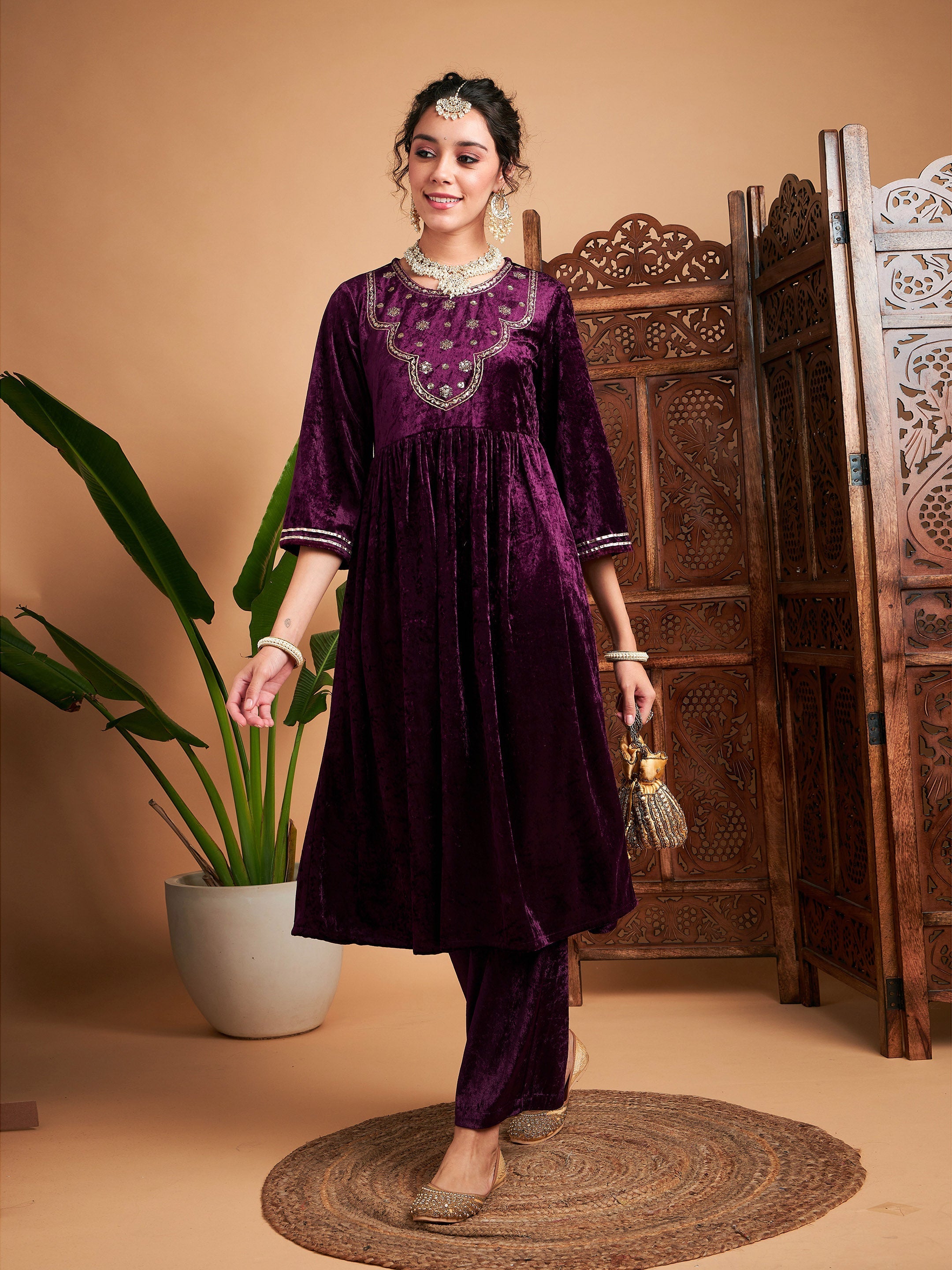 Women Purple Velvet Embroidered Gathered Kurta