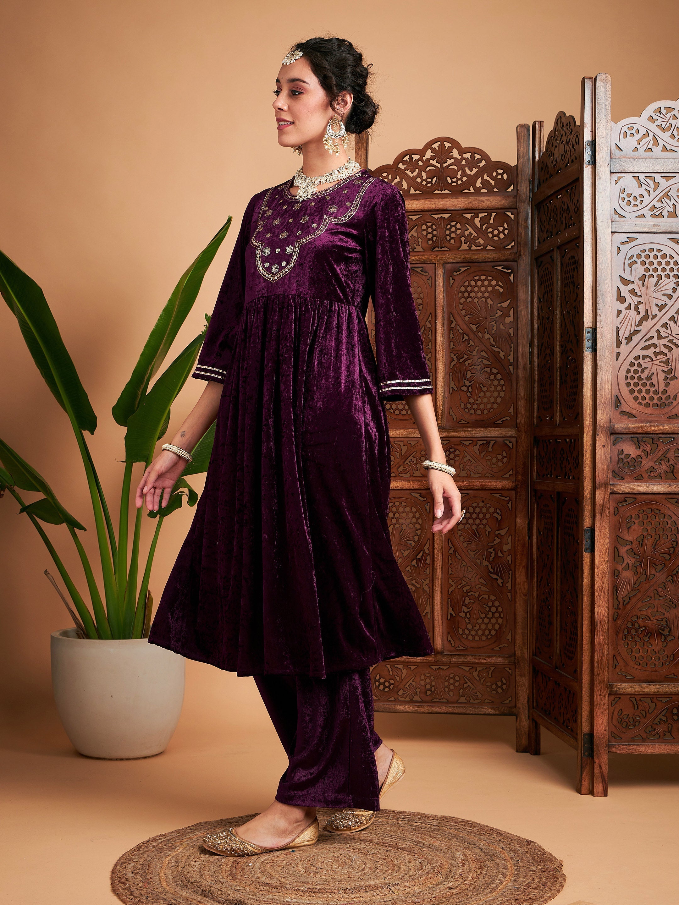 Women Purple Velvet Embroidered Gathered Kurta