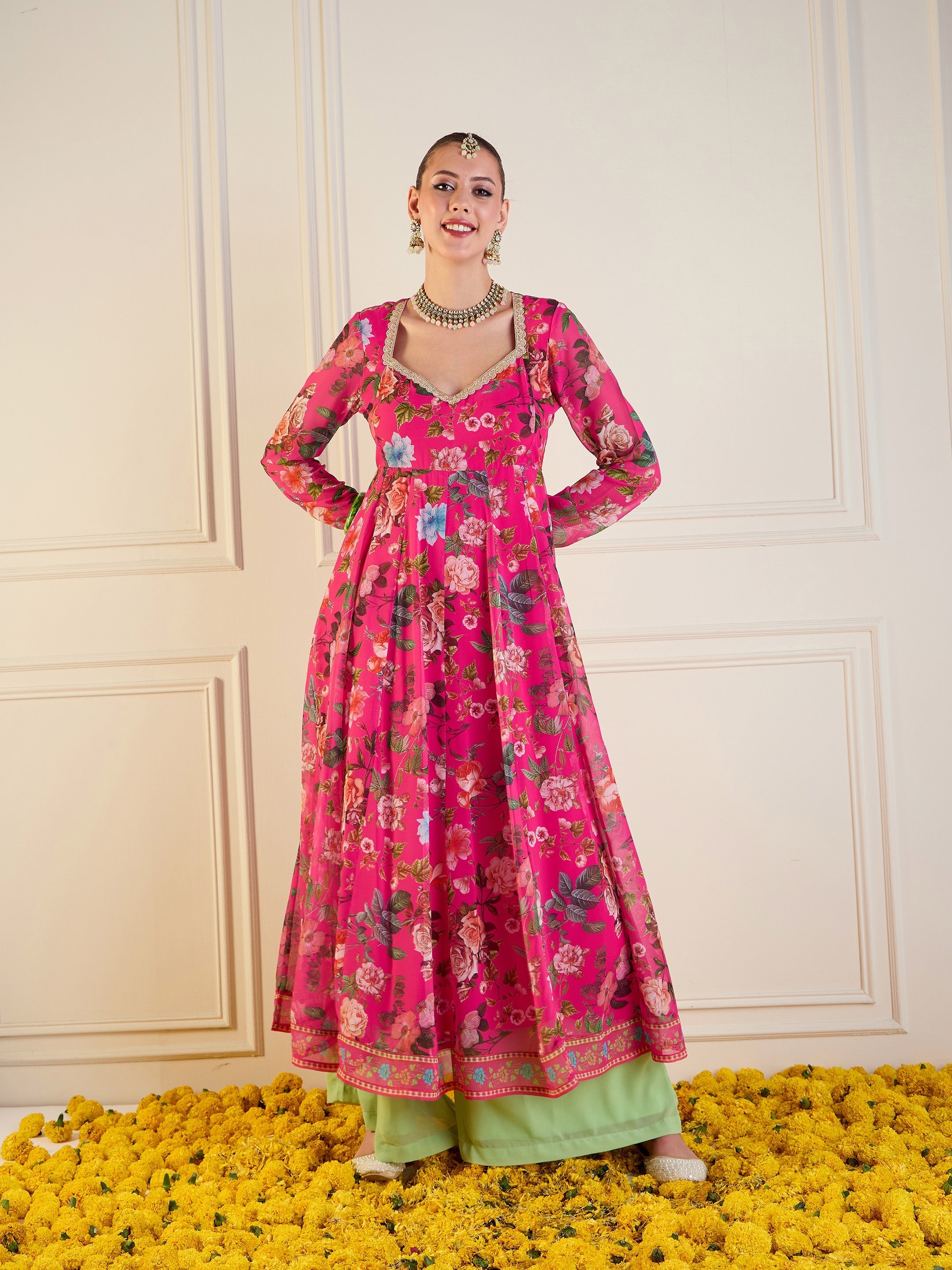 Women Fuchsia Floral Long Anarkali Kurta