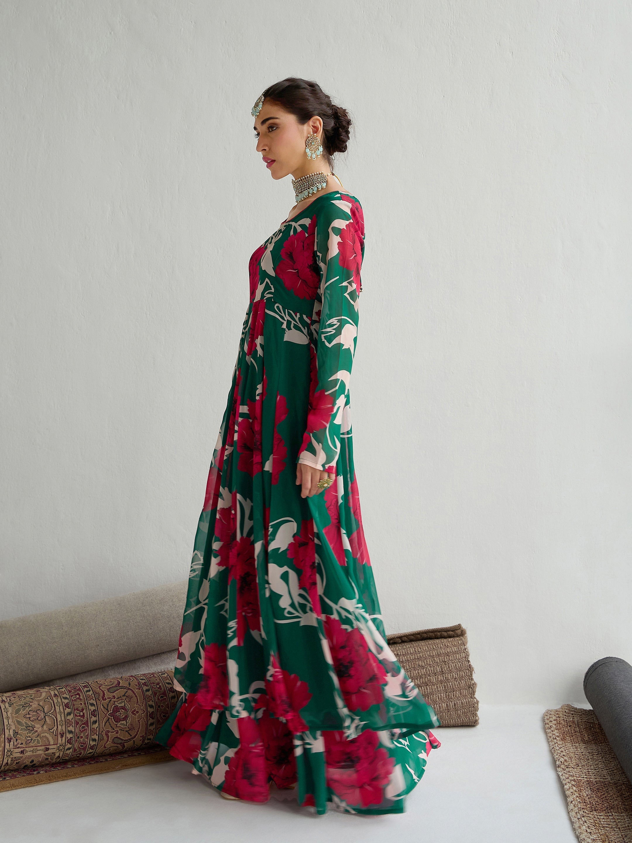 Women Green & Red Floral Anarkali Kurta
