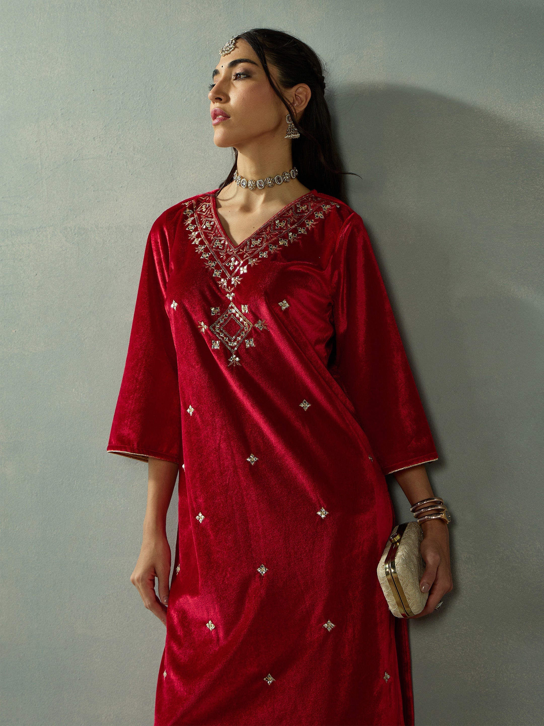 Women Red Velvet V-Neck Embroidered Kurta