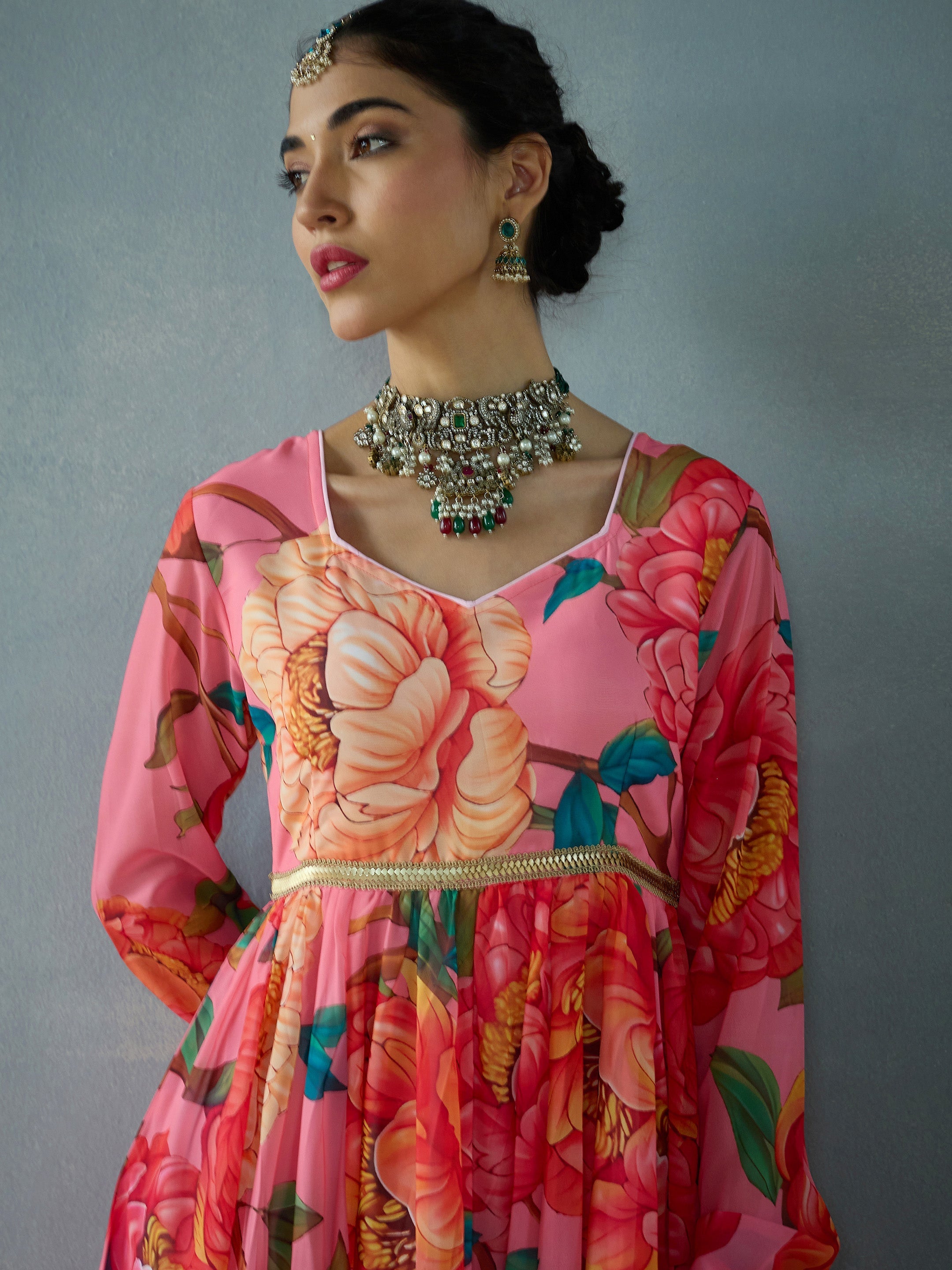 Women Pink Floral Sweetheart Neck Anarkali Kurta