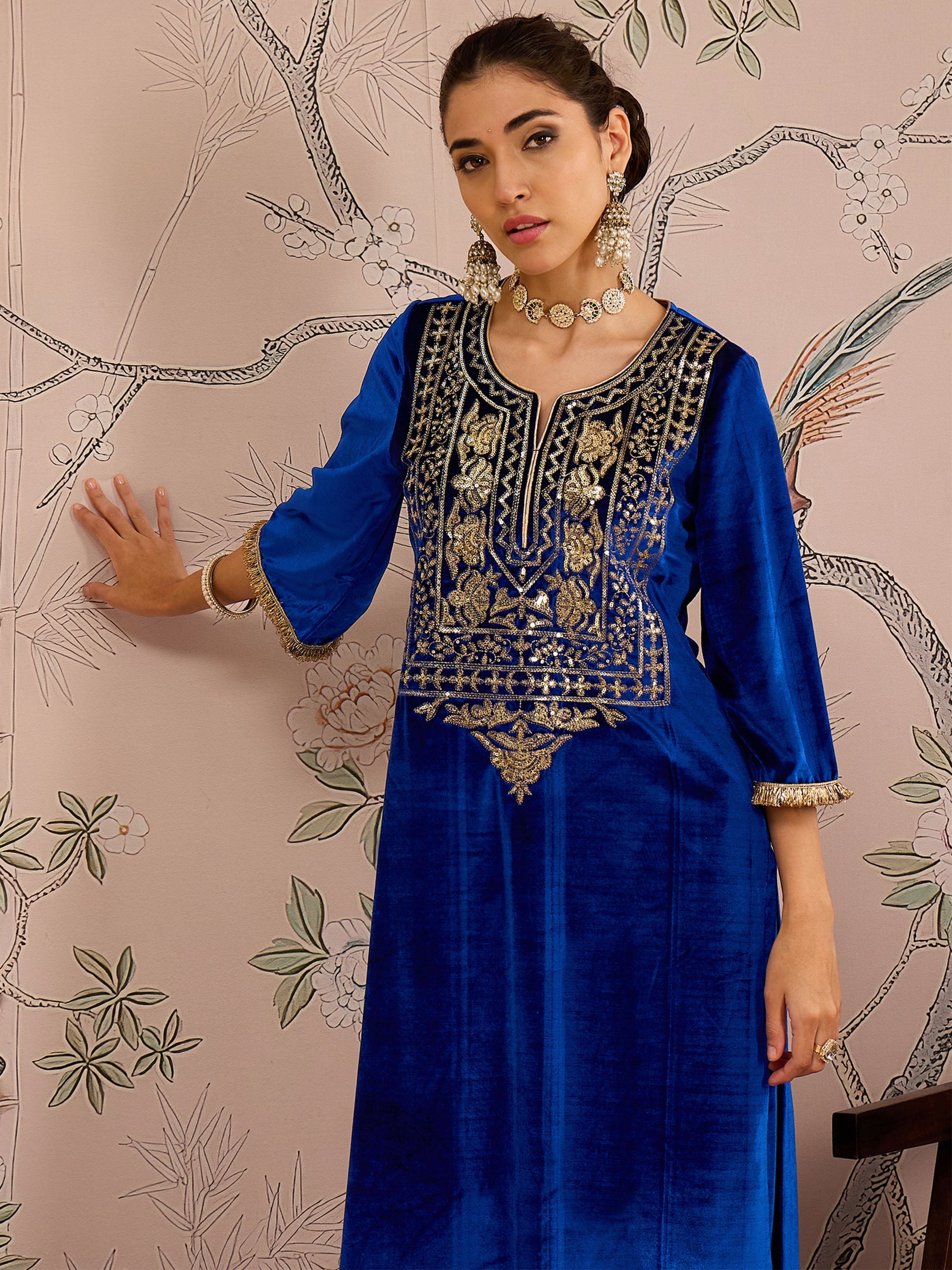 Women Royal Blue Front Embroidered Kurta