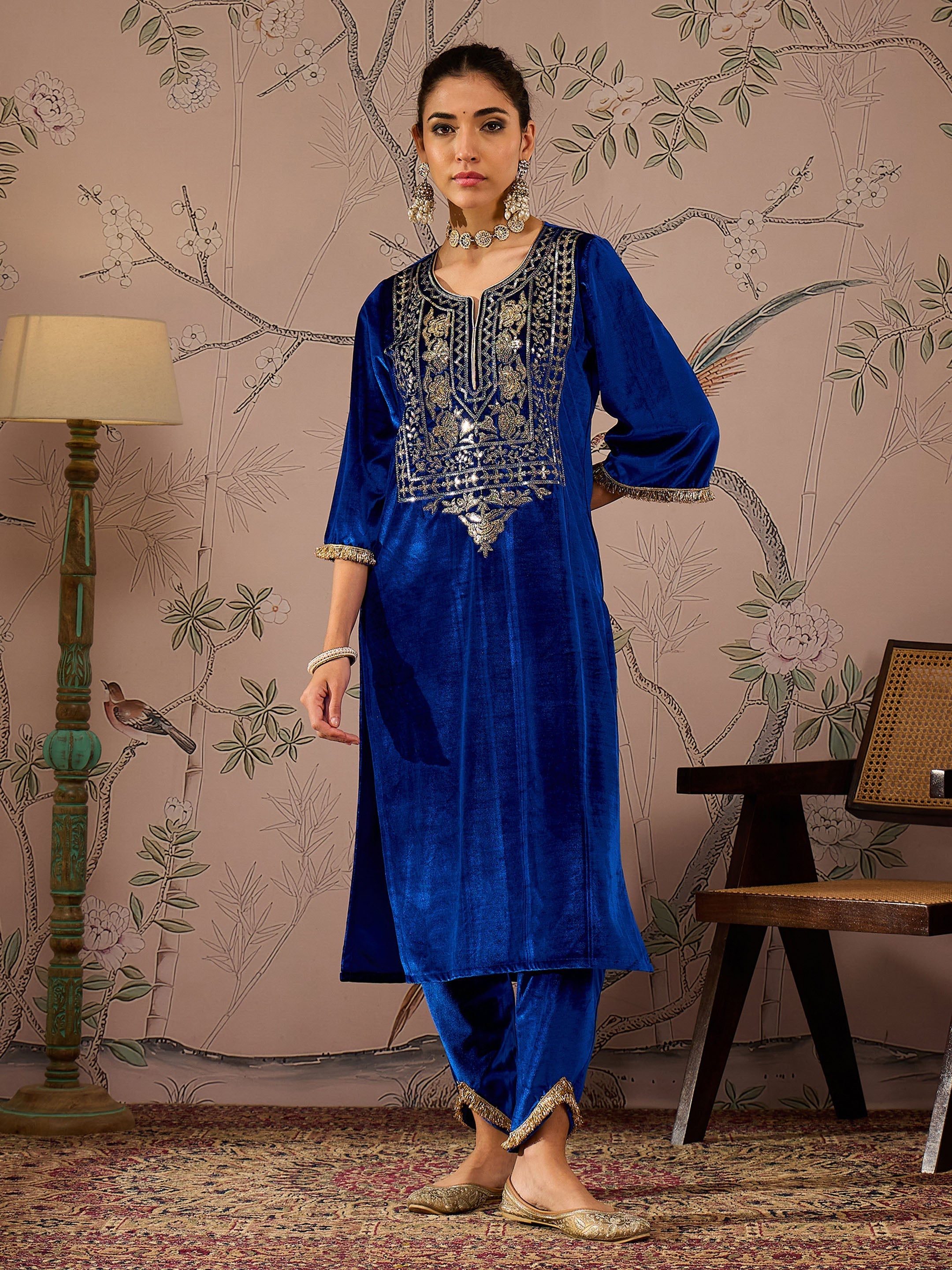 Women Royal Blue Front Embroidered Kurta