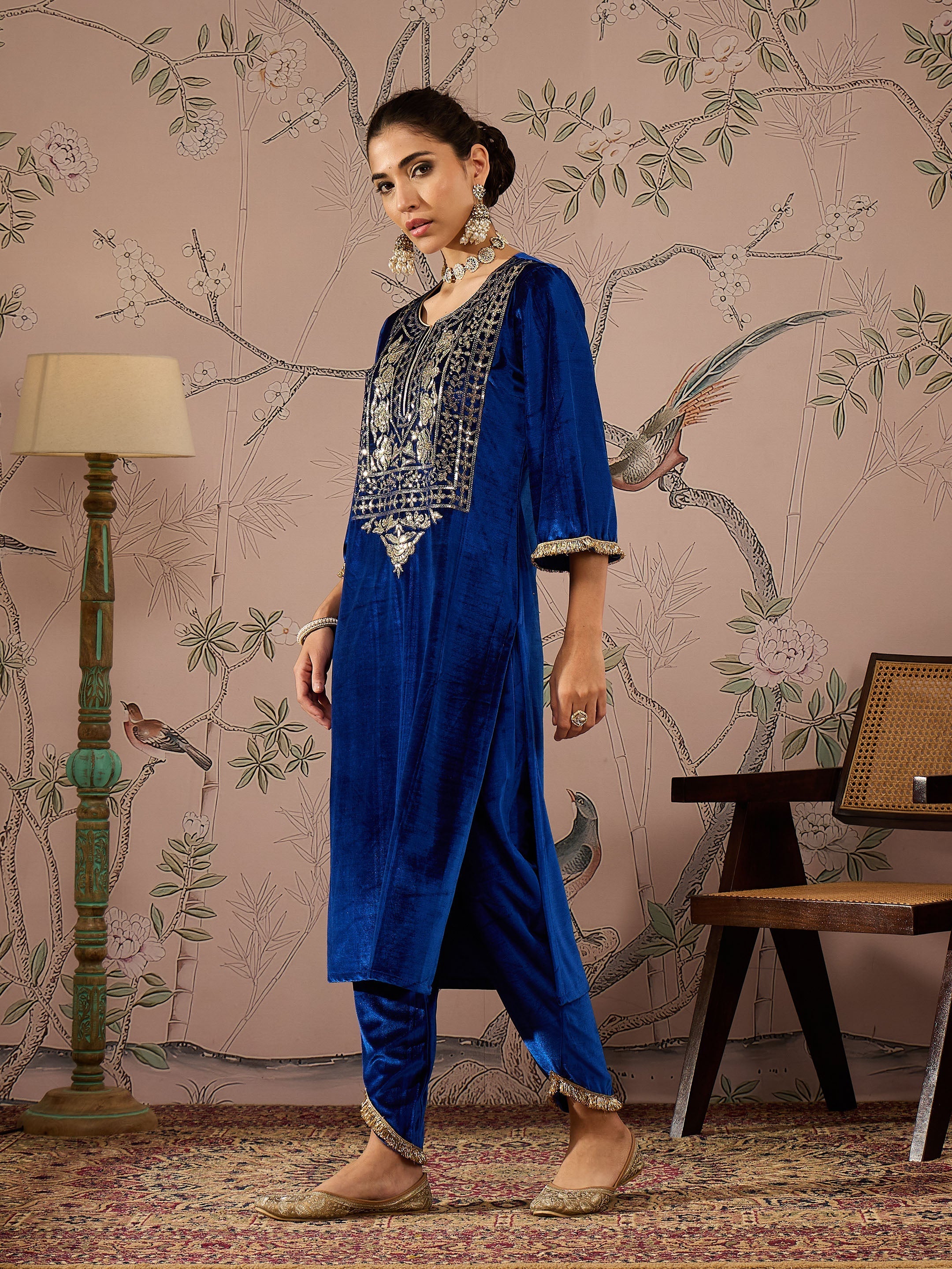 Women Royal Blue Front Embroidered Kurta