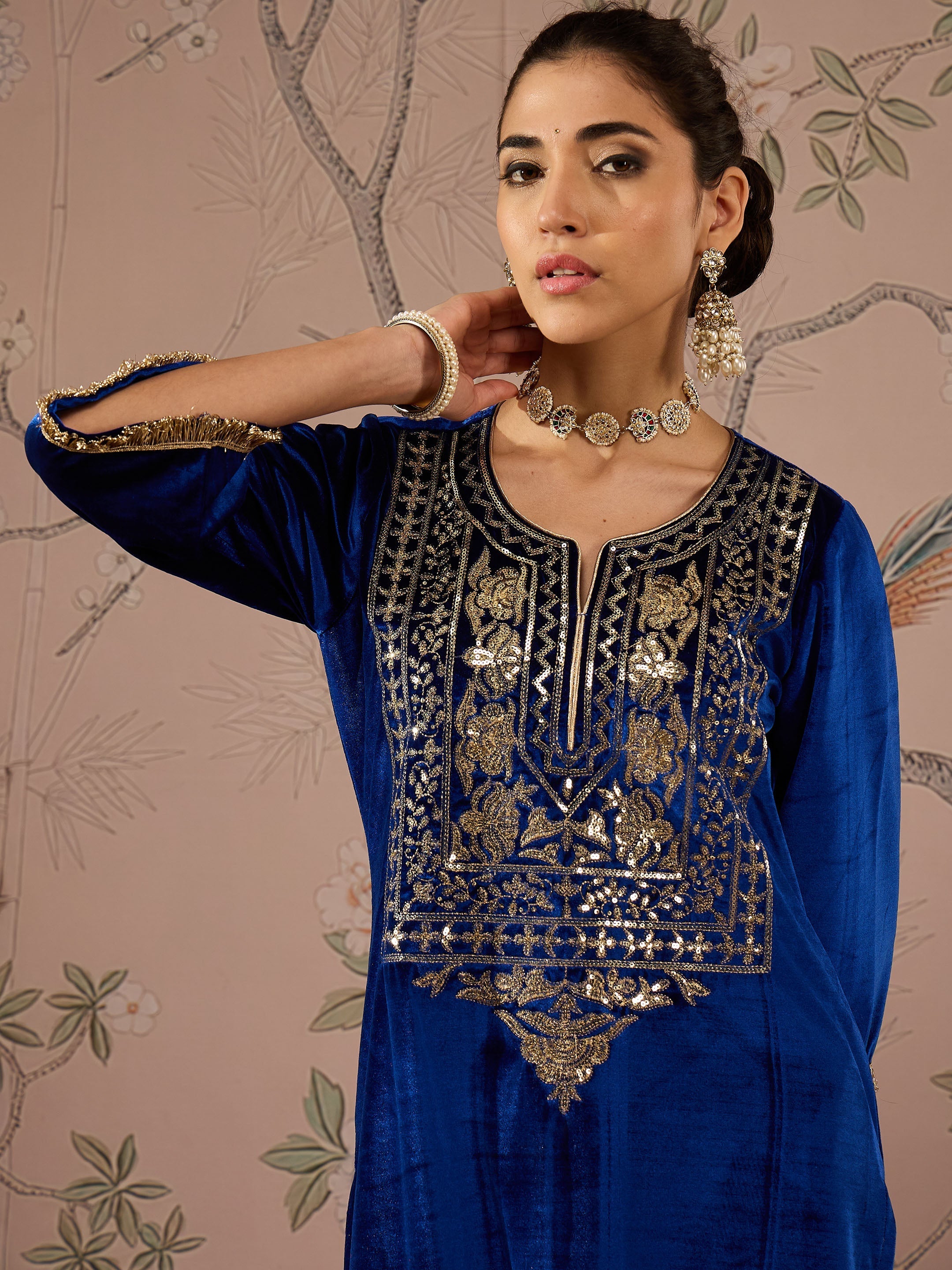 Women Royal Blue Front Embroidered Kurta