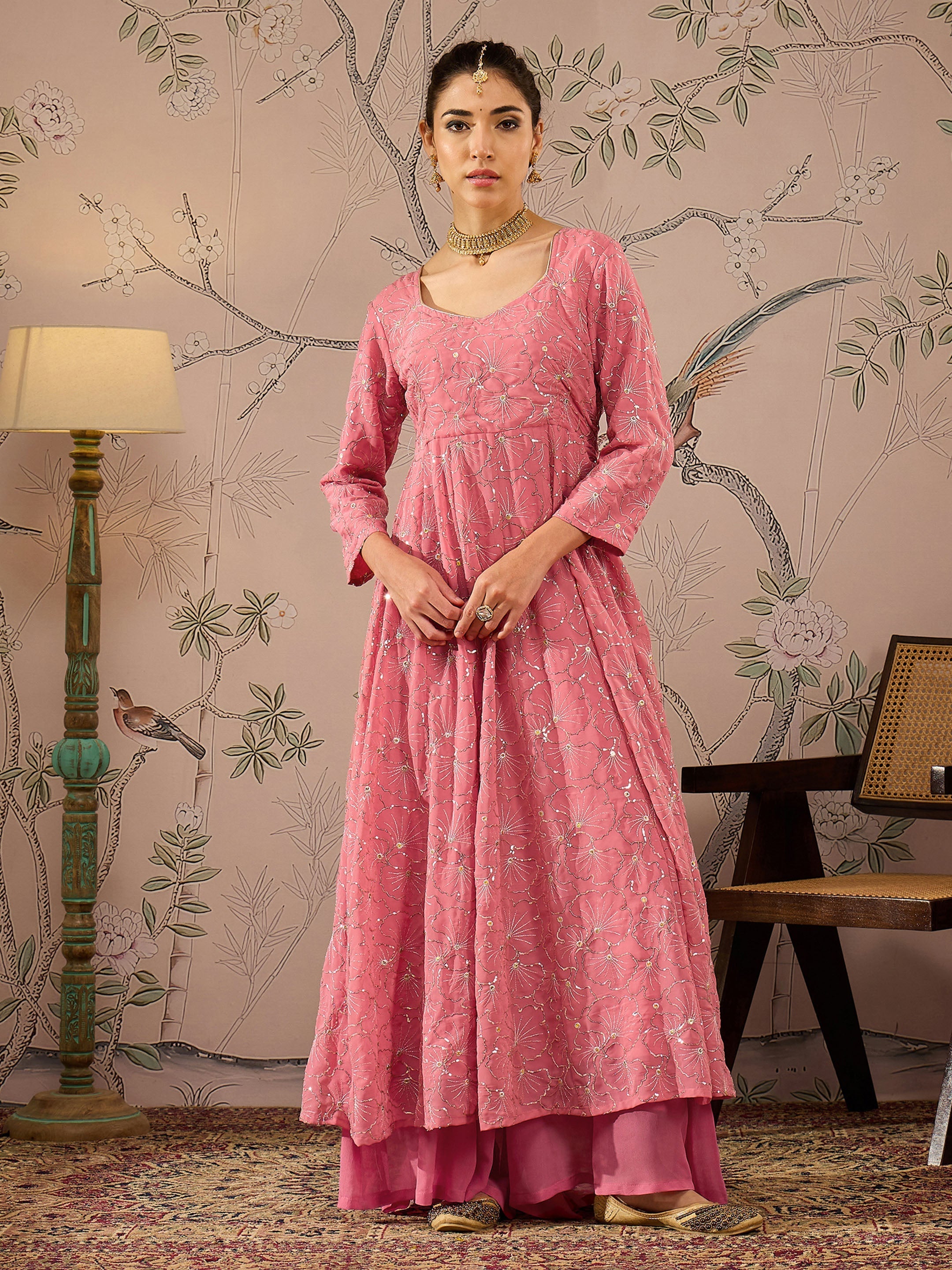Women Pink Sequins Sweetheart Neck Anarkali Kurta