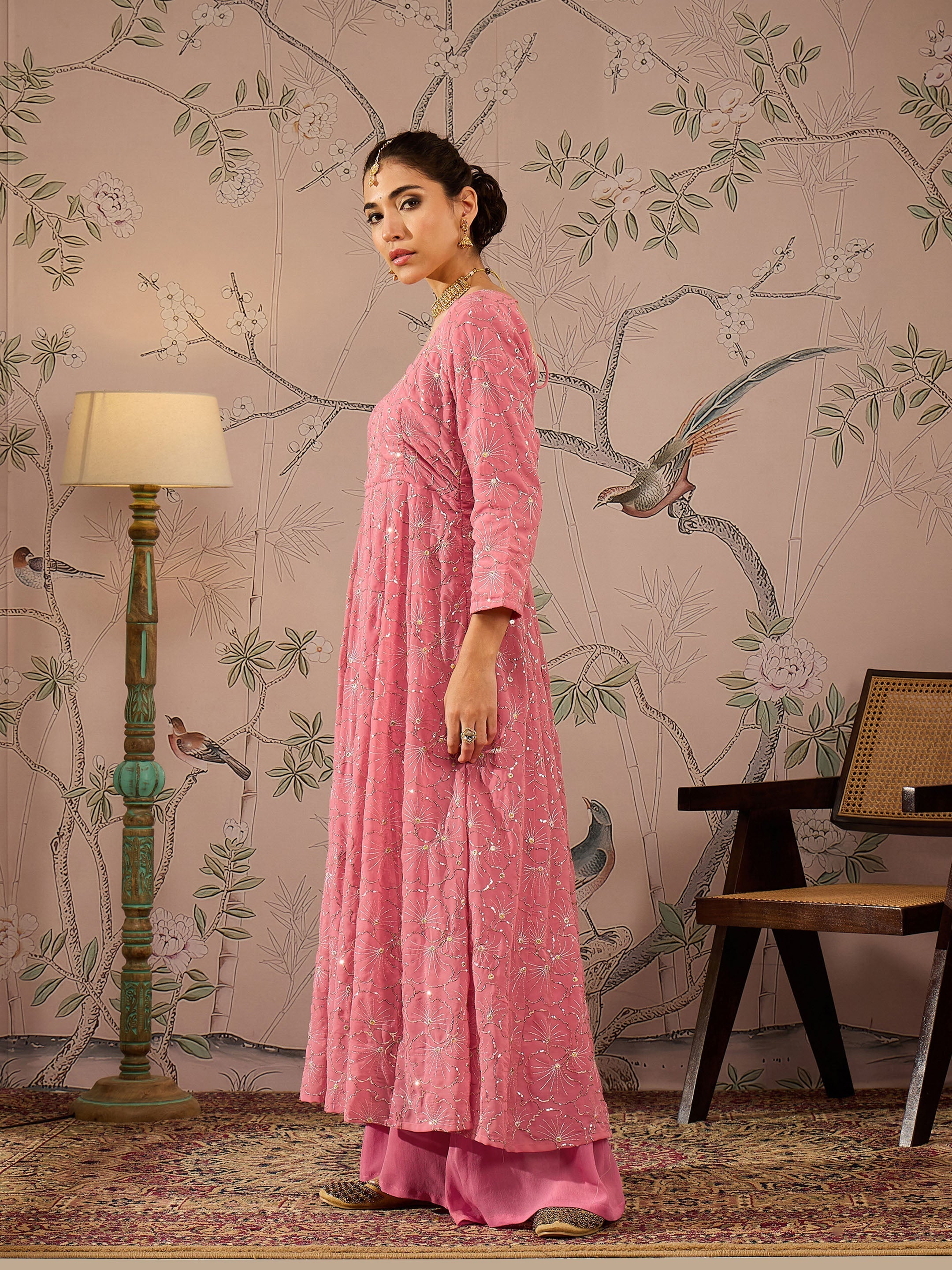 Women Pink Sequins Sweetheart Neck Anarkali Kurta