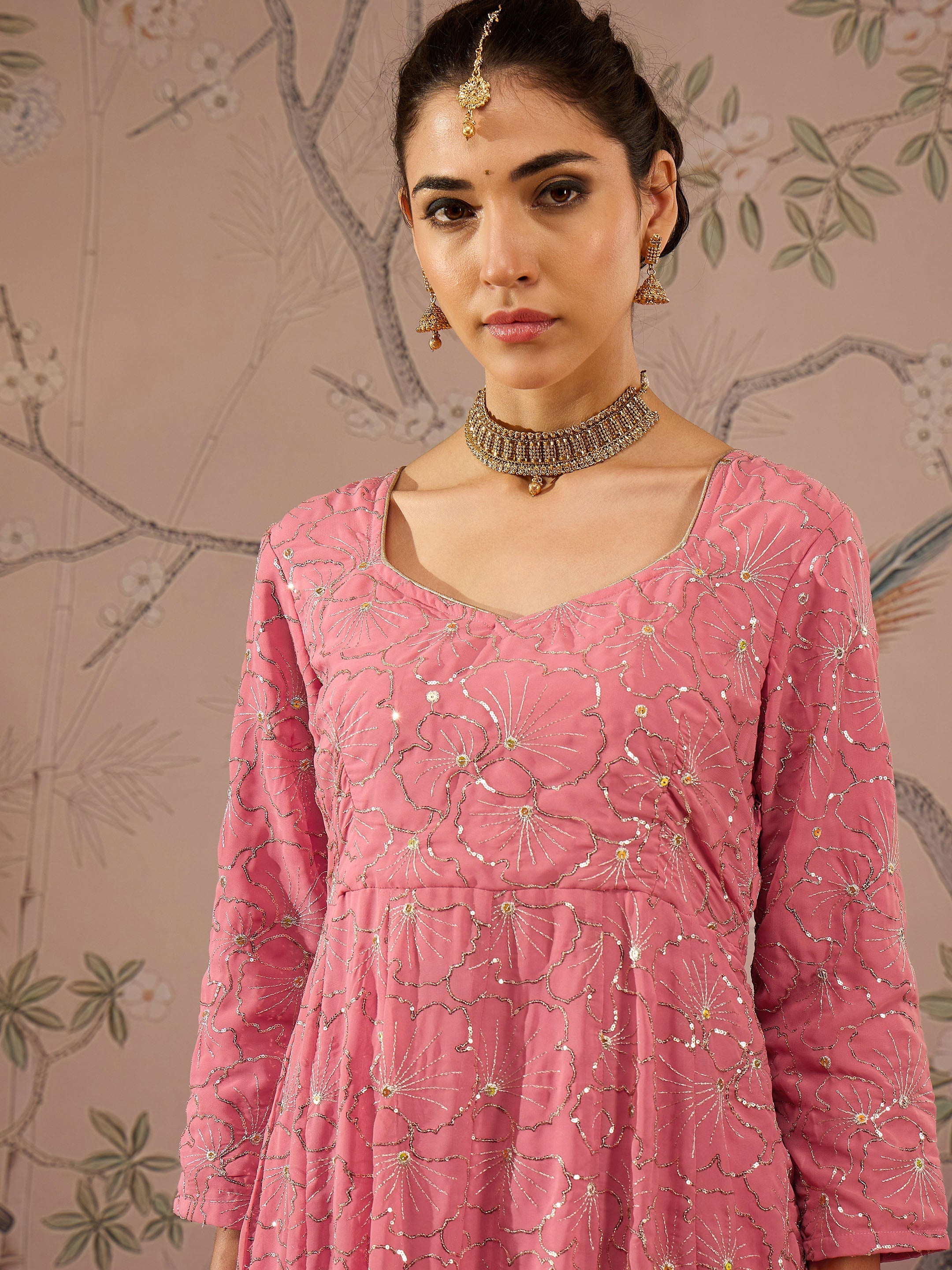 Women Pink Sequins Sweetheart Neck Anarkali Kurta