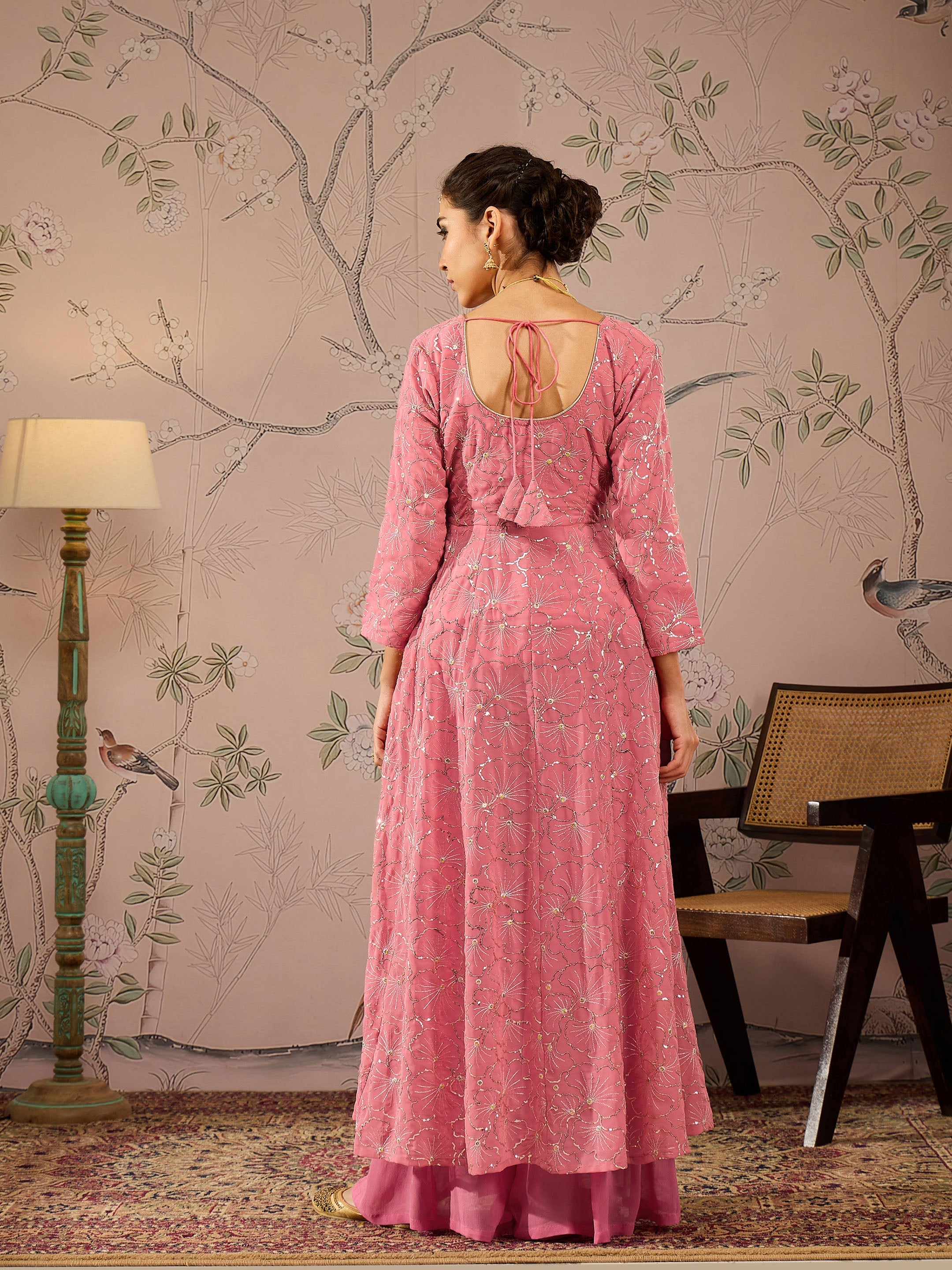 Women Pink Sequins Sweetheart Neck Anarkali Kurta