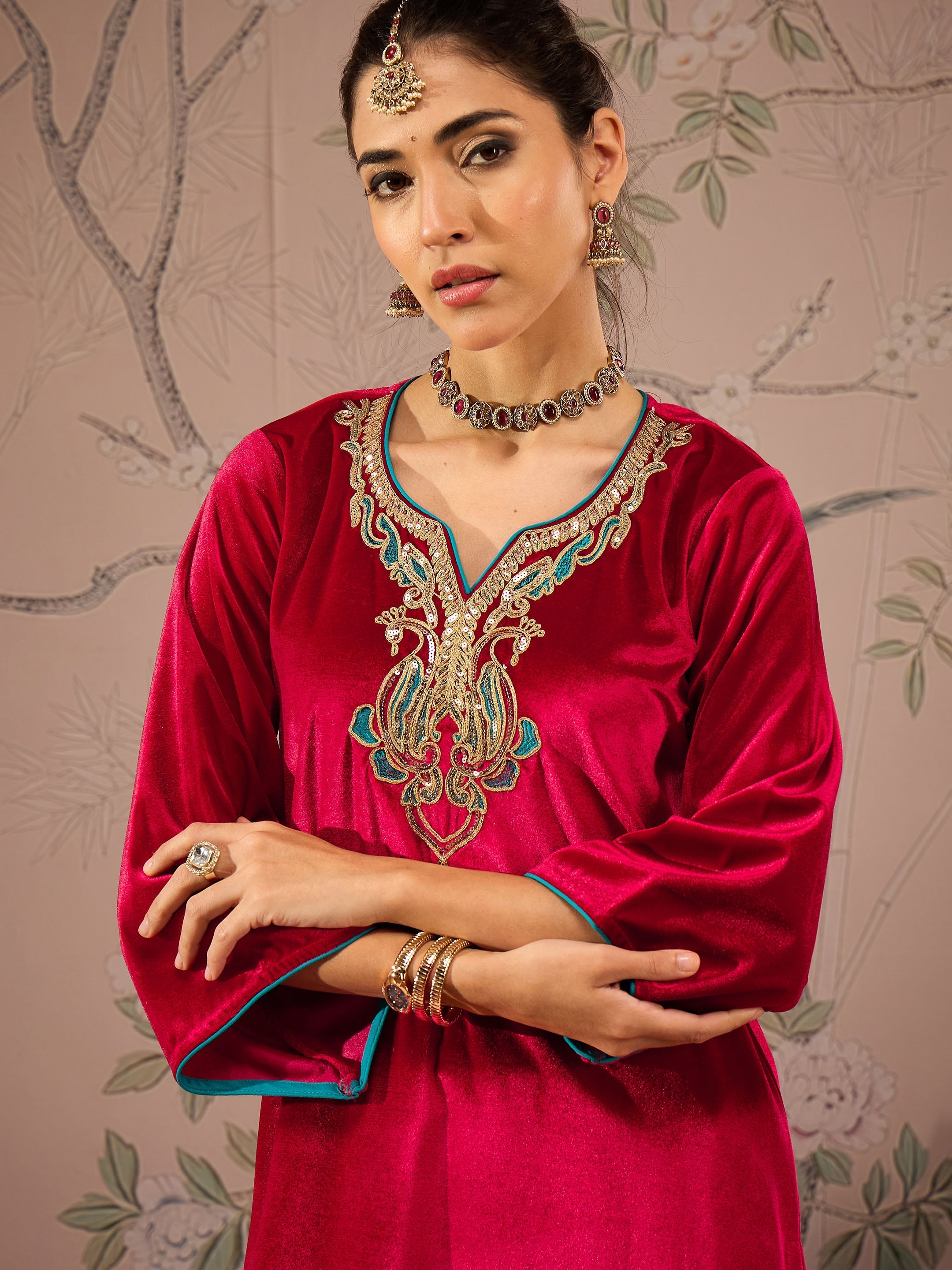 Women Red Velvet Embroidered Straight Kurta