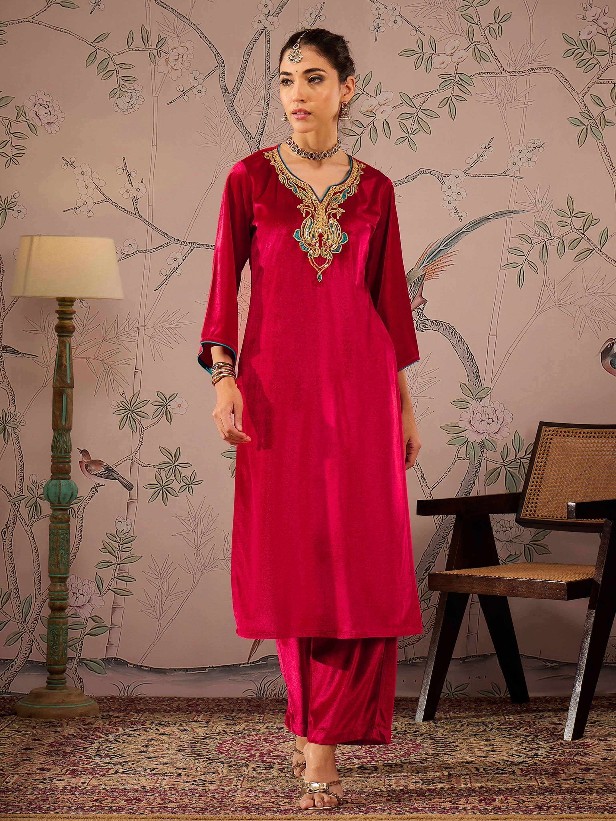 Women Red Velvet Embroidered Straight Kurta