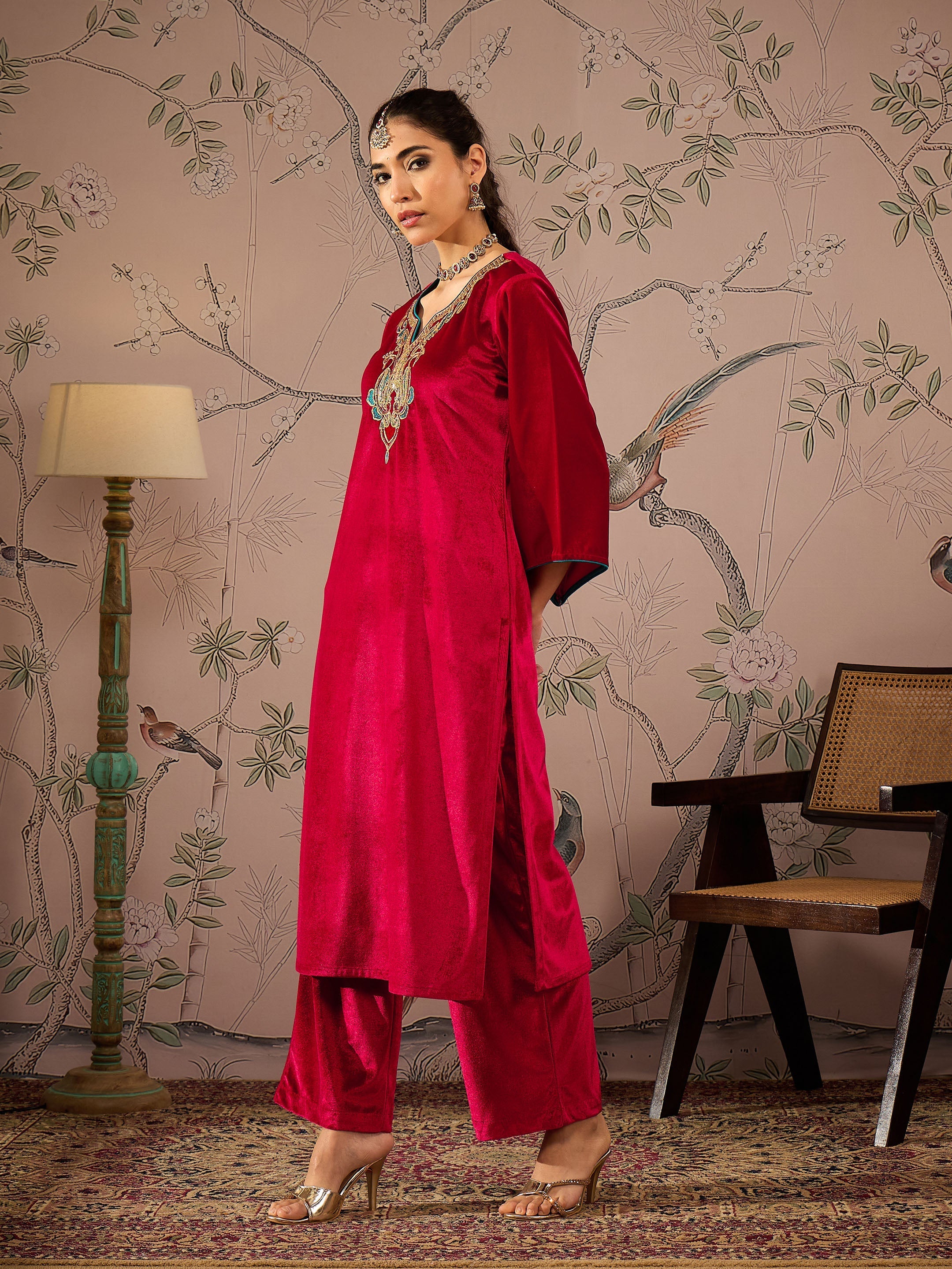 Women Red Velvet Embroidered Straight Kurta