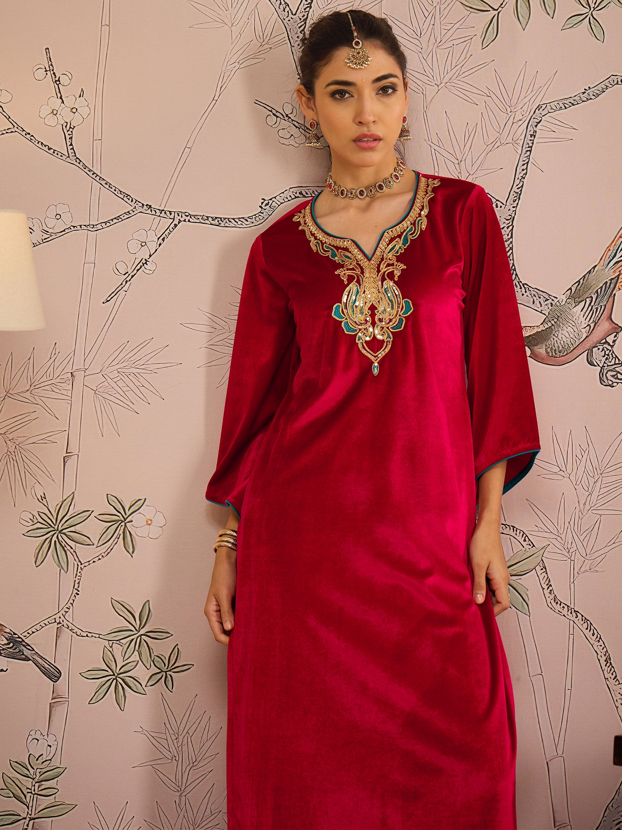 Women Red Velvet Embroidered Straight Kurta