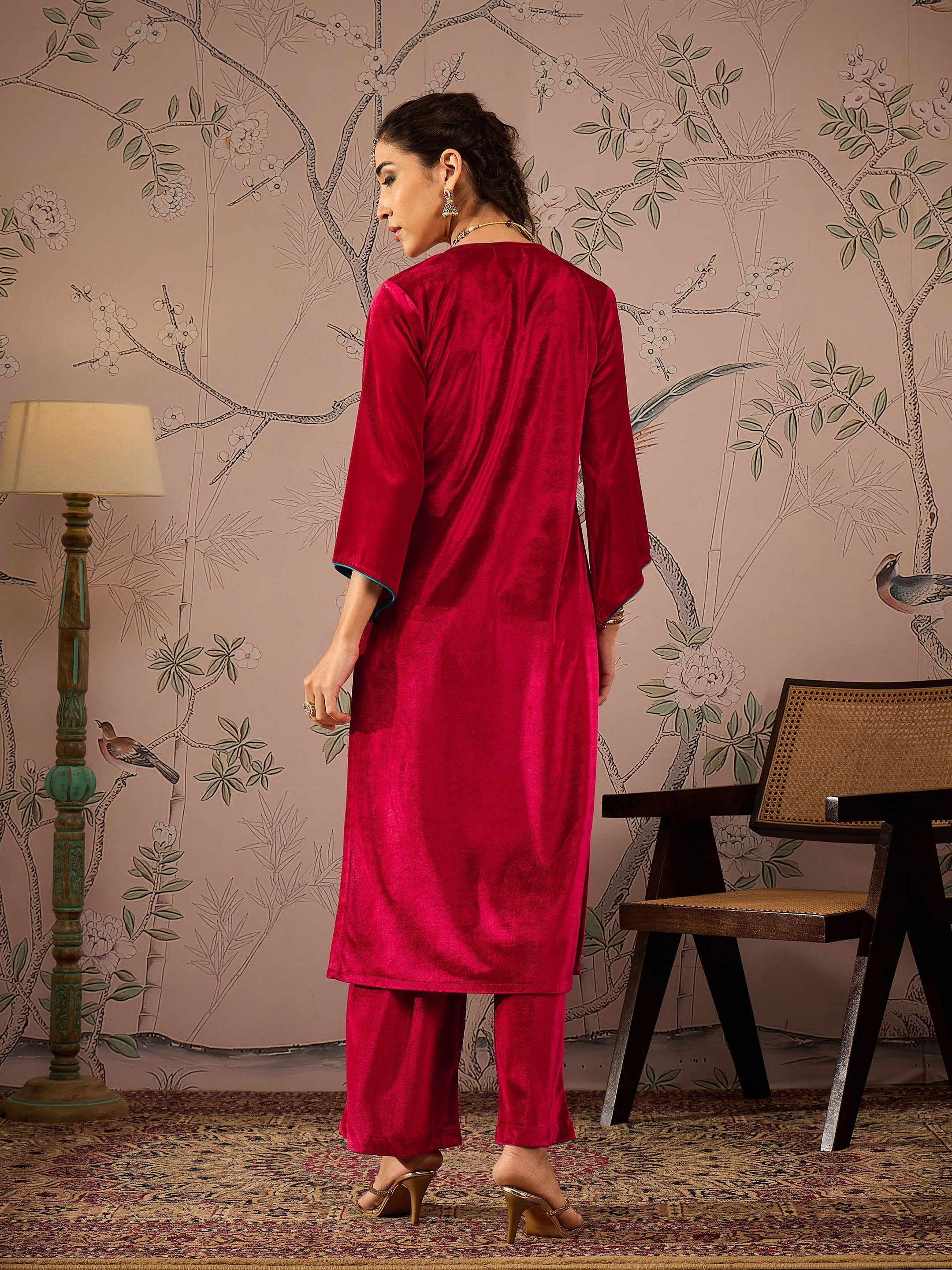 Women Red Velvet Embroidered Straight Kurta