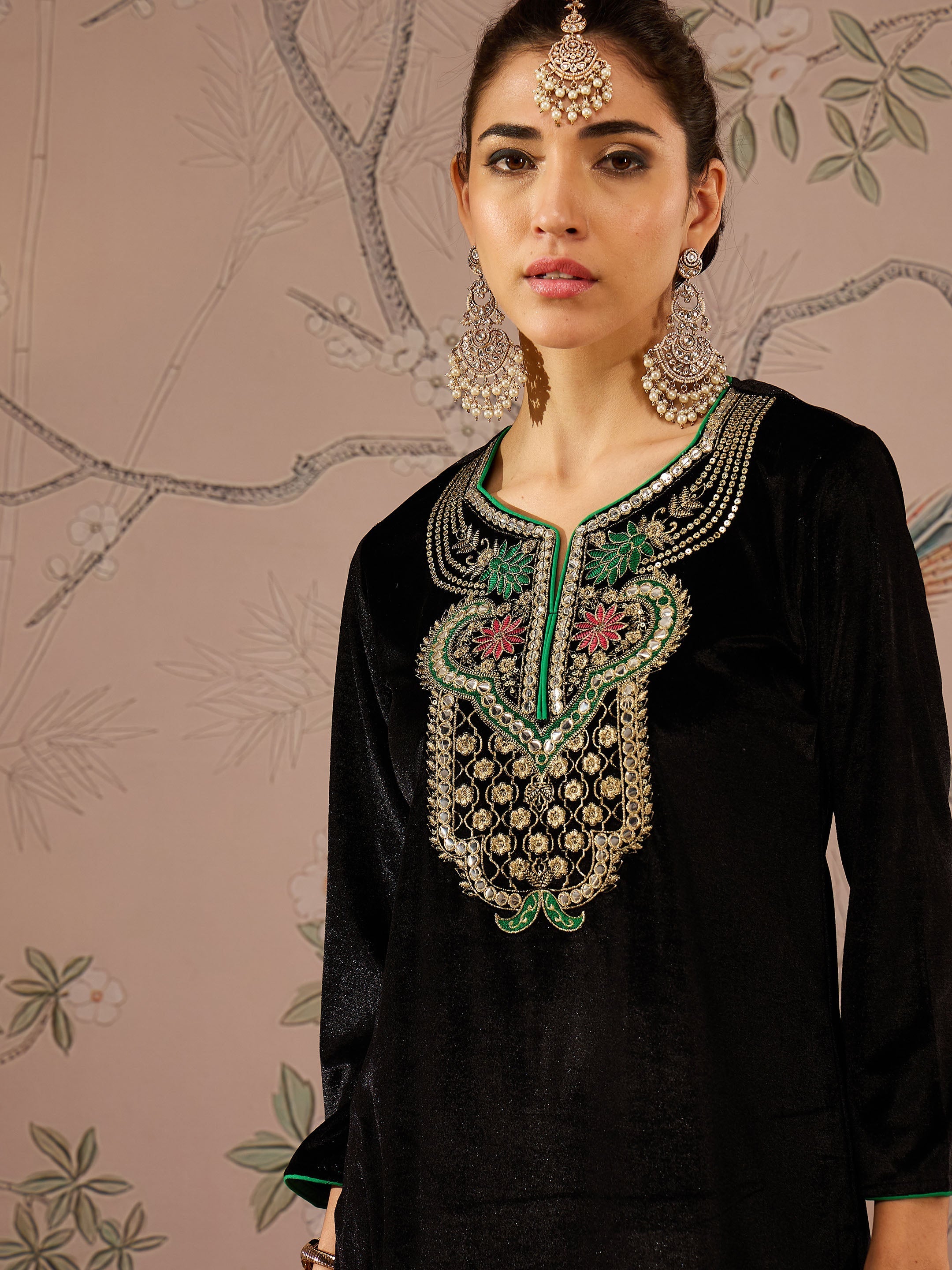 Women Black Velvet Front Embroidered Straight Kurta