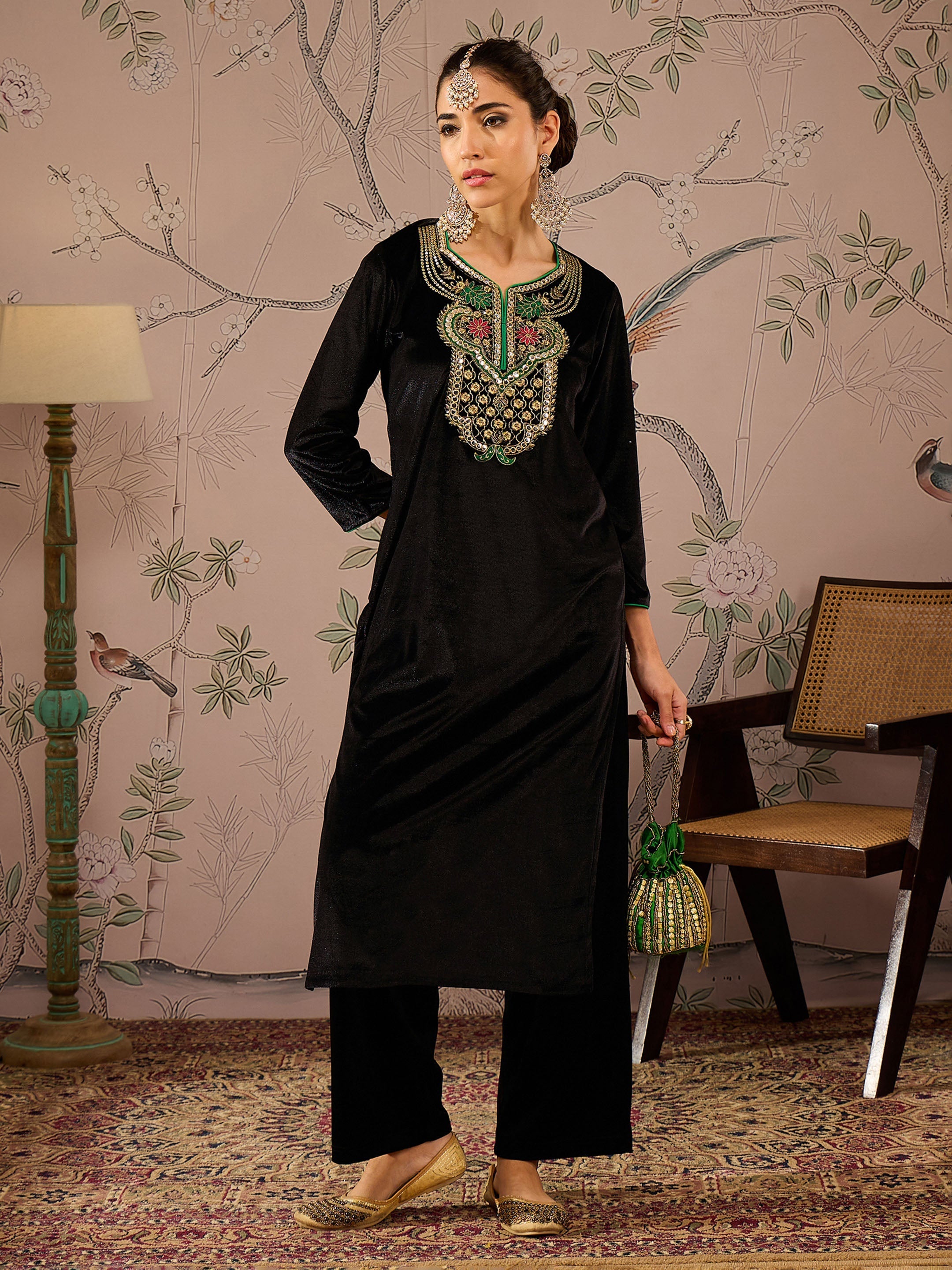 Women Black Velvet Front Embroidered Straight Kurta