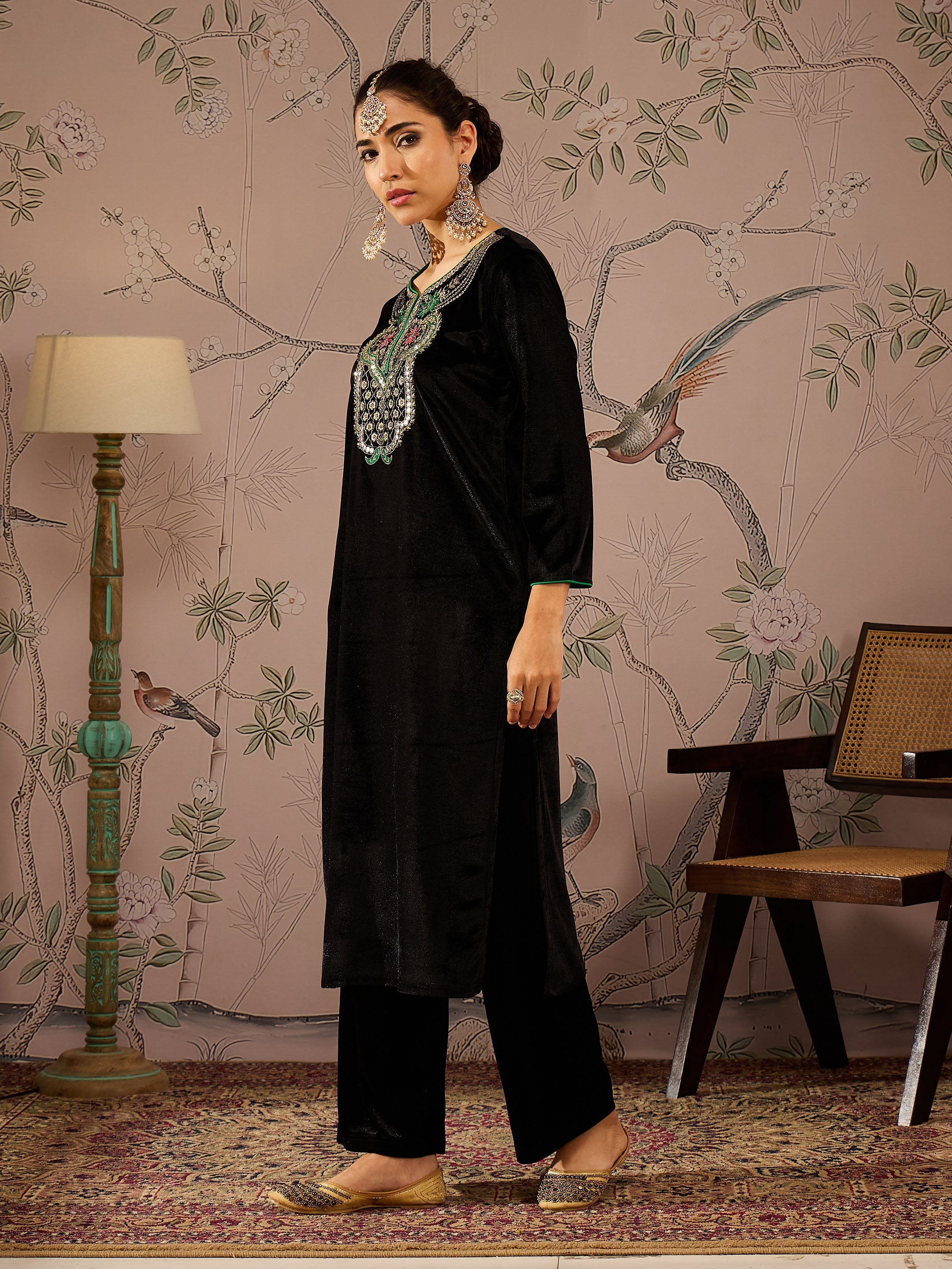 Women Black Velvet Front Embroidered Straight Kurta