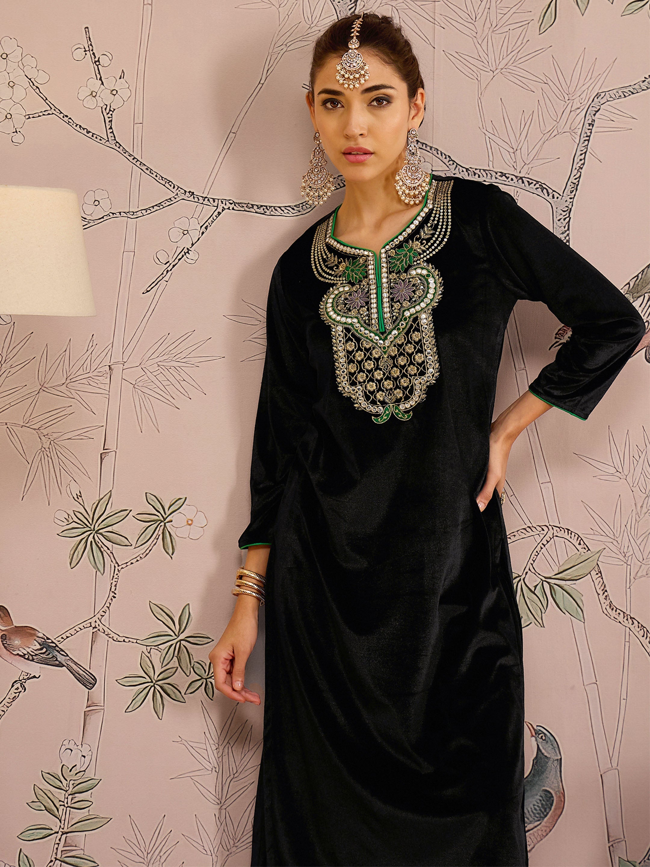 Women Black Velvet Front Embroidered Straight Kurta